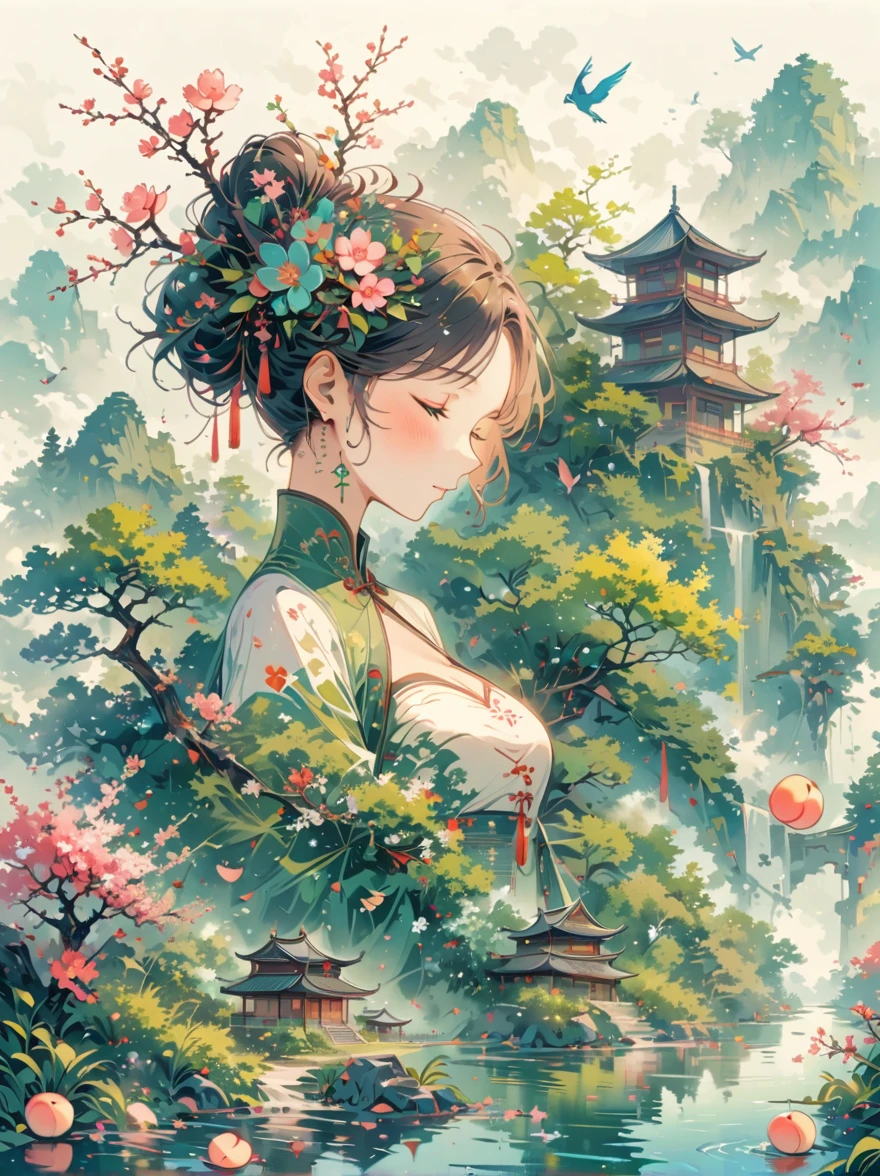 (Chinese Landscape), (Abstract Painting), (Zen, Amy Sol Style), ((spring, Green Trees, Peach Blossom, Creek, Chinese Architecture)), Mildly abstract cover art, Simple vector art, Contemporary Chinese Art, Color gradient, Soft tones, Hierarchical form, Whimsical animation, ethereal abstract, (Vivid colors, Super Saturation, Bright), anatomically correct, masterpiece, accurate, award winning, best quality, 8k