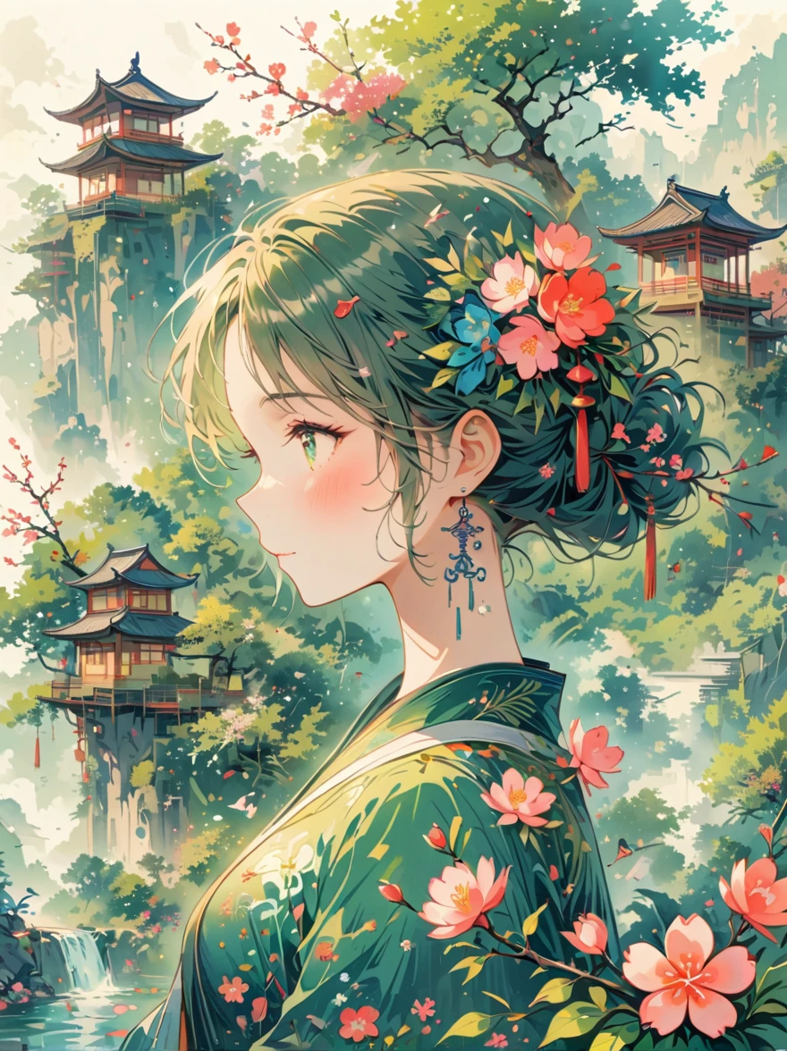 (Chinese Landscape), (Abstract Painting), (Zen, Amy Sol Style), ((spring, Green Trees, Peach Blossom, Creek, Chinese Architecture)), Mildly abstract cover art, Simple vector art, Contemporary Chinese Art, Color gradient, Soft tones, Hierarchical form, Whimsical animation, ethereal abstract, (Vivid colors, Super Saturation, Bright), anatomically correct, masterpiece, accurate, award winning, best quality, 8k