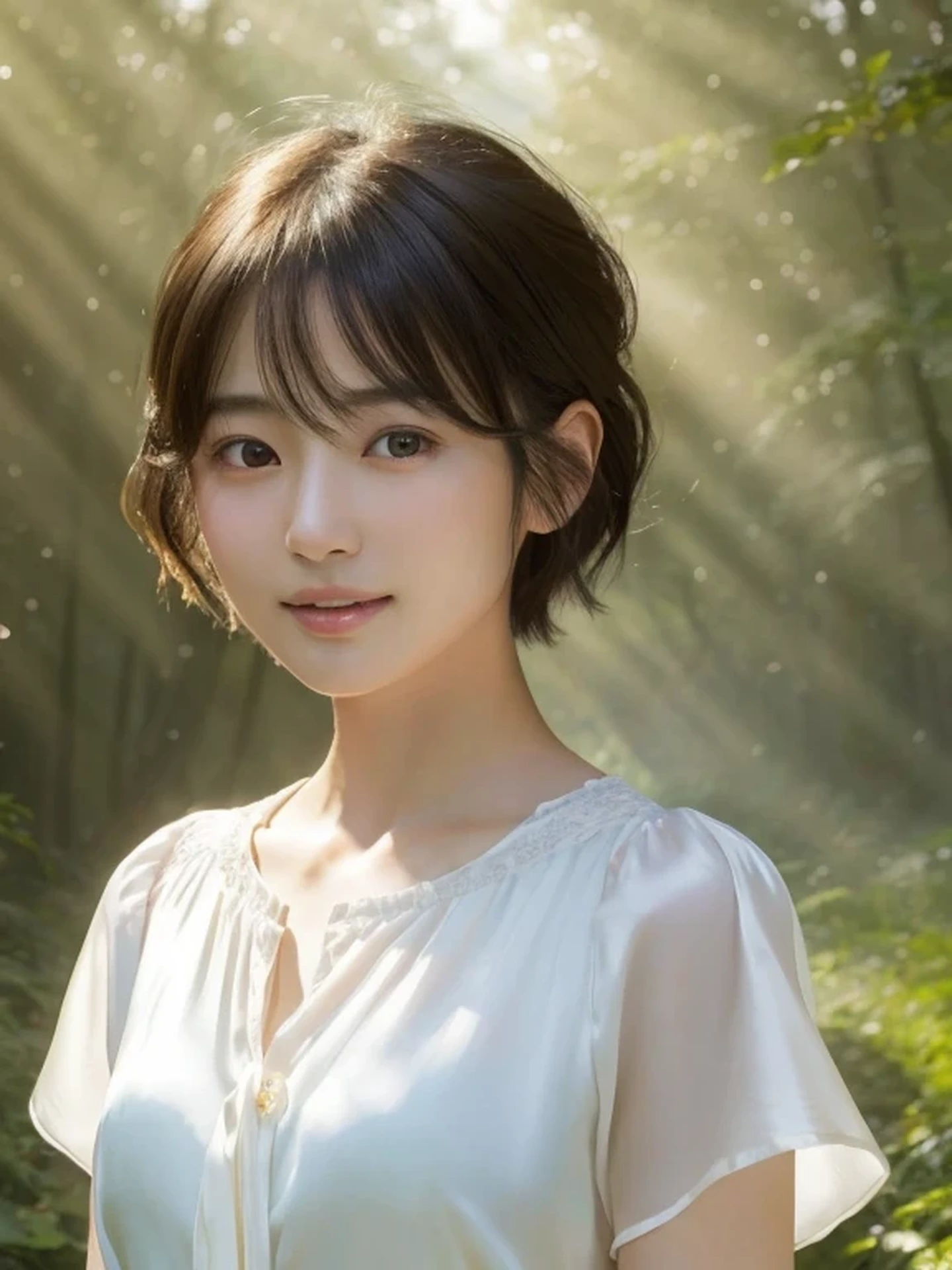 Beautiful Japanese girl, sad, open mouth to say something, shy, Soft skin and a nice perfect face, A small face with a nose and rosy lips, Beautiful Eyes, Beautiful smile. Surrounded by a bright, ethereal glow, pixie cut, silk blouse, Hyperrealistic female photos, High quality high resolution 8K masterpiece, The morning sunlight shines through the misty forest path,