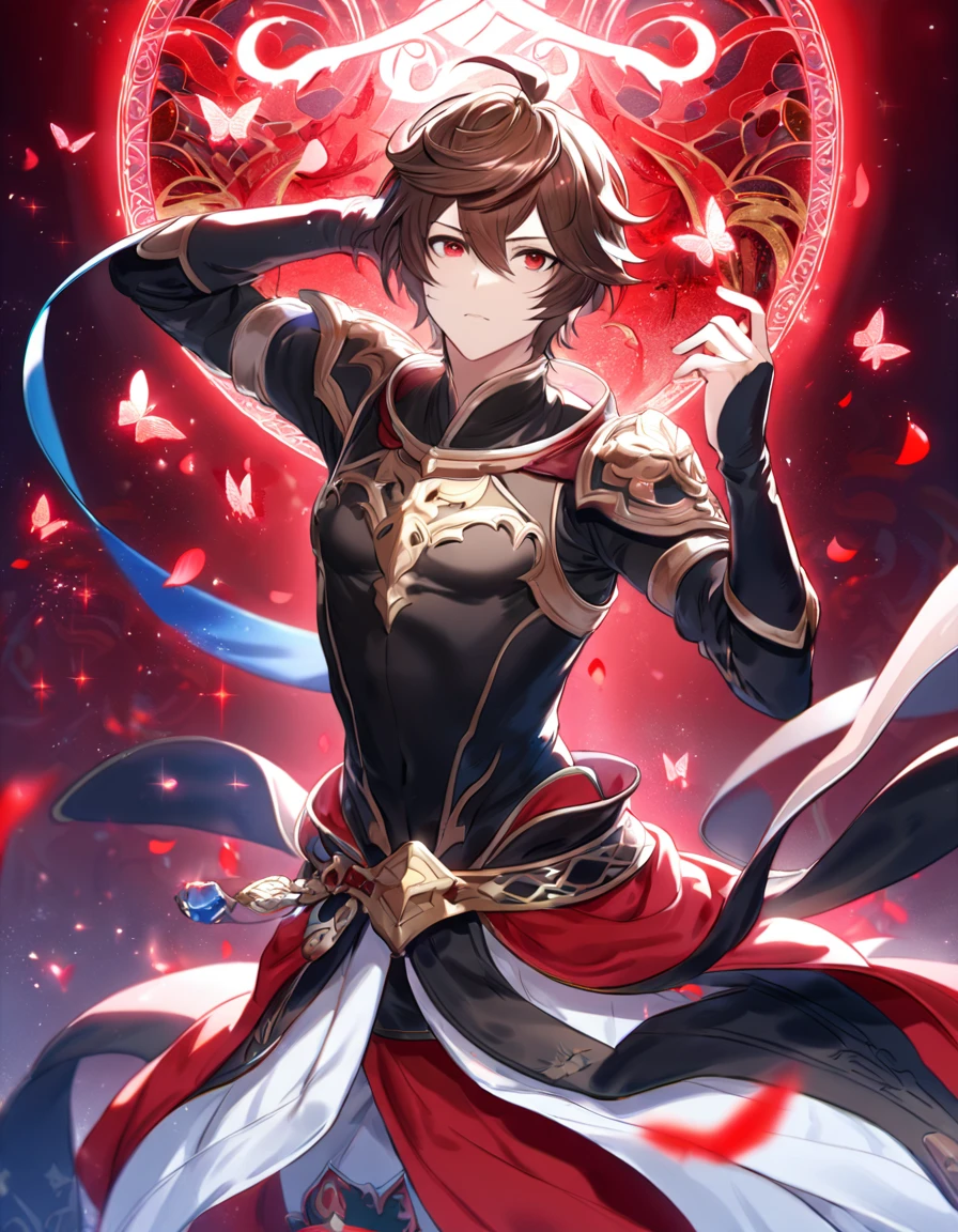 absurdres, highres, ultra detailed, HDR, master piece, best quality, Sandalphon, brown hair, expressive red eyes, granblue fantasy, solo, sexy man, handsome, patterns, magical, fantasy, red background, red lotus, shining, red petals, red sparkling butterflies