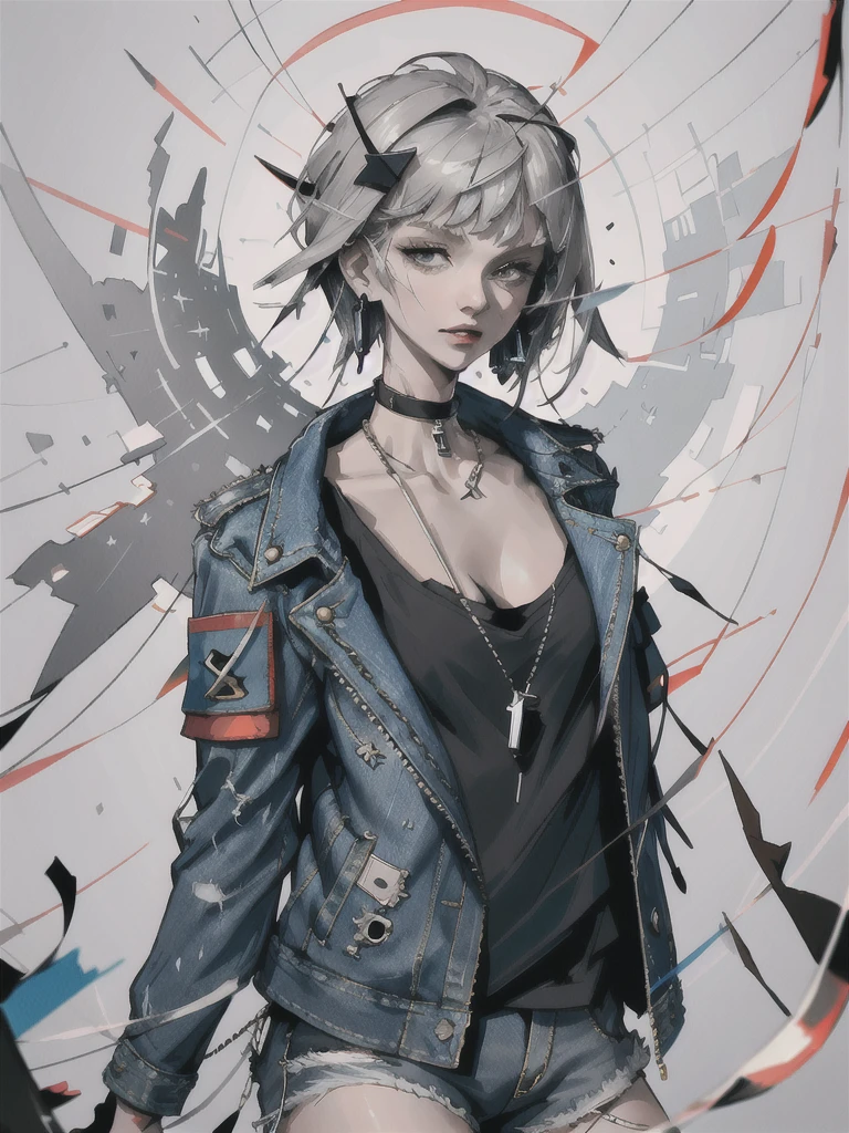 (masterpiece:1.2, best quality), (1lady, solo, upper body:1.2), Hair: buzz cut, Clothing: oversized, distressed denim jacket with patches and pins, paired with black skinny jeans and combat boots, Accessories: silver hoop earrings and a black choker necklace, Hanging out in an underground music venue or street art exhibit