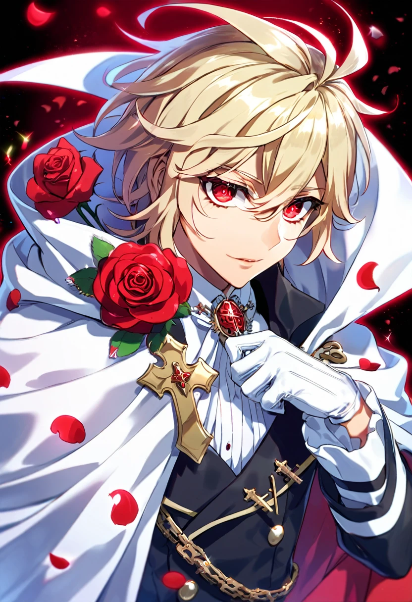 Ultra detailed, HDR, Highres, absurdres, master piece, Mika Hyakuya, wavy blond hair, expressive red eyes, white cape, Owari No Seraph, white vampire clothes, red glittering butterflies, petals, fantasy, red roses, sexy man, solo, extremely detailed face and eyes, handsome, glittering, white gloves, red background, red flames, cross, vampire,