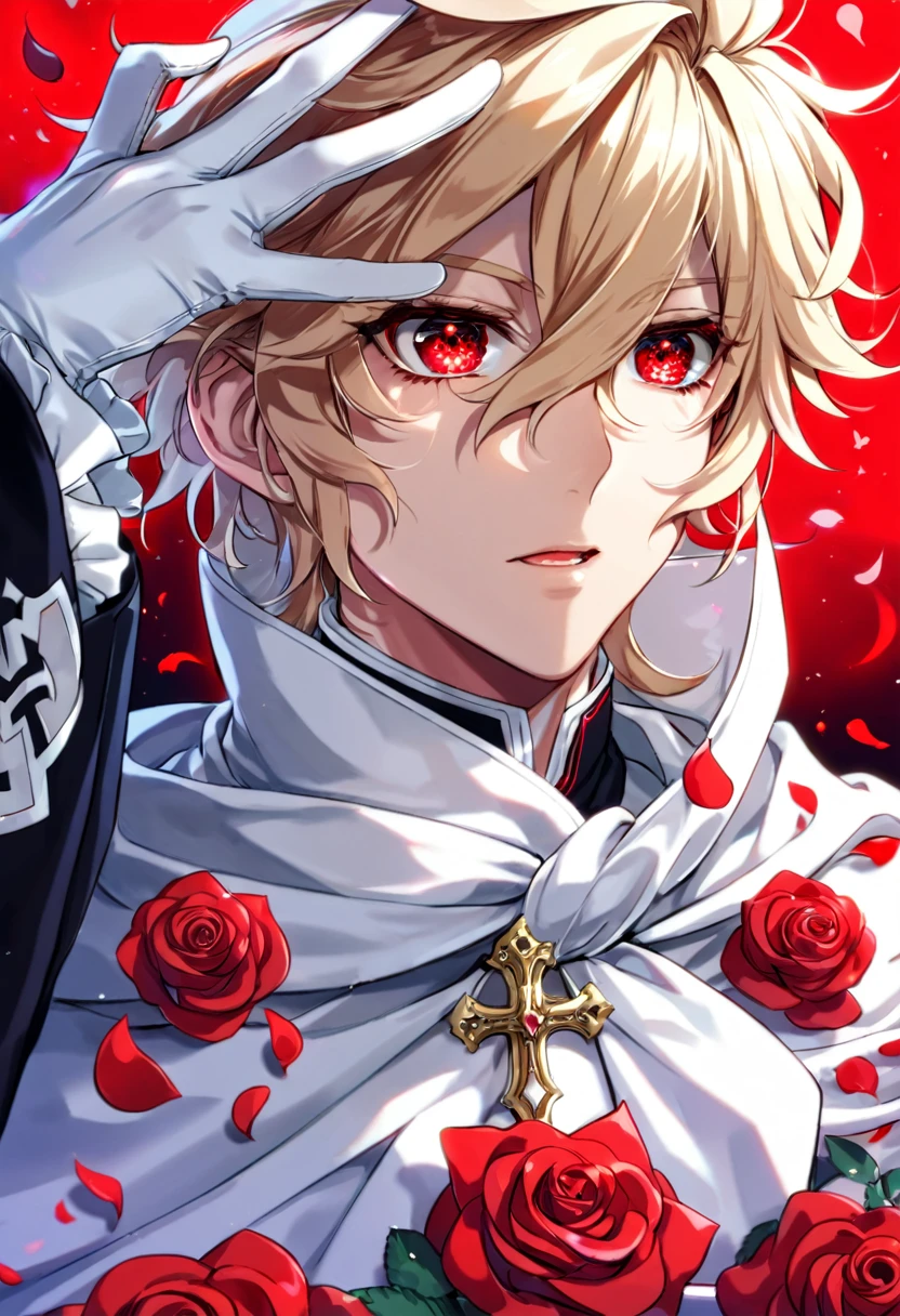Ultra detailed, HDR, Highres, absurdres, master piece, Mika Hyakuya, wavy blond hair, expressive red eyes, white cape, Owari No Seraph, white vampire clothes, red glittering butterflies, petals, fantasy, red roses, sexy man, solo, extremely detailed face and eyes, handsome, glittering, white gloves, red background, red flames, cross, vampire,