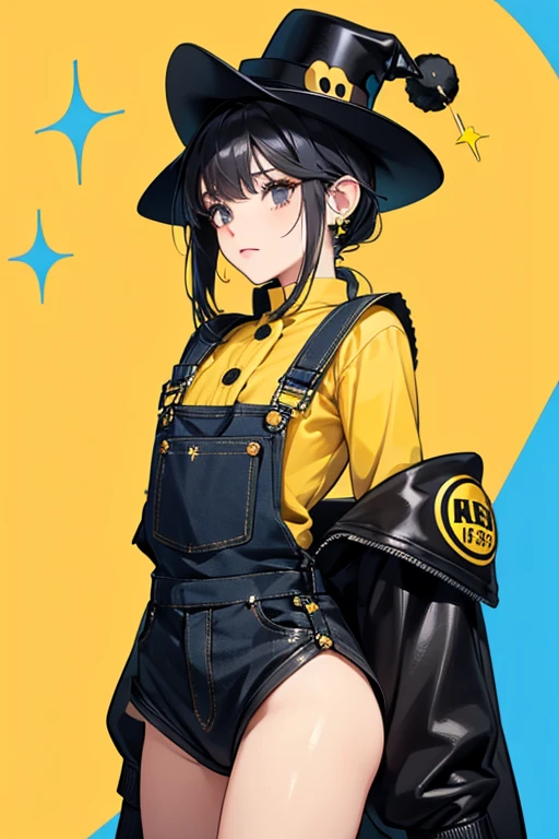 SHE has black ears (which look like a hat), small black eyes, black arms and legs, and blue overalls with yellow buttons. SPARKLE; GLITTER