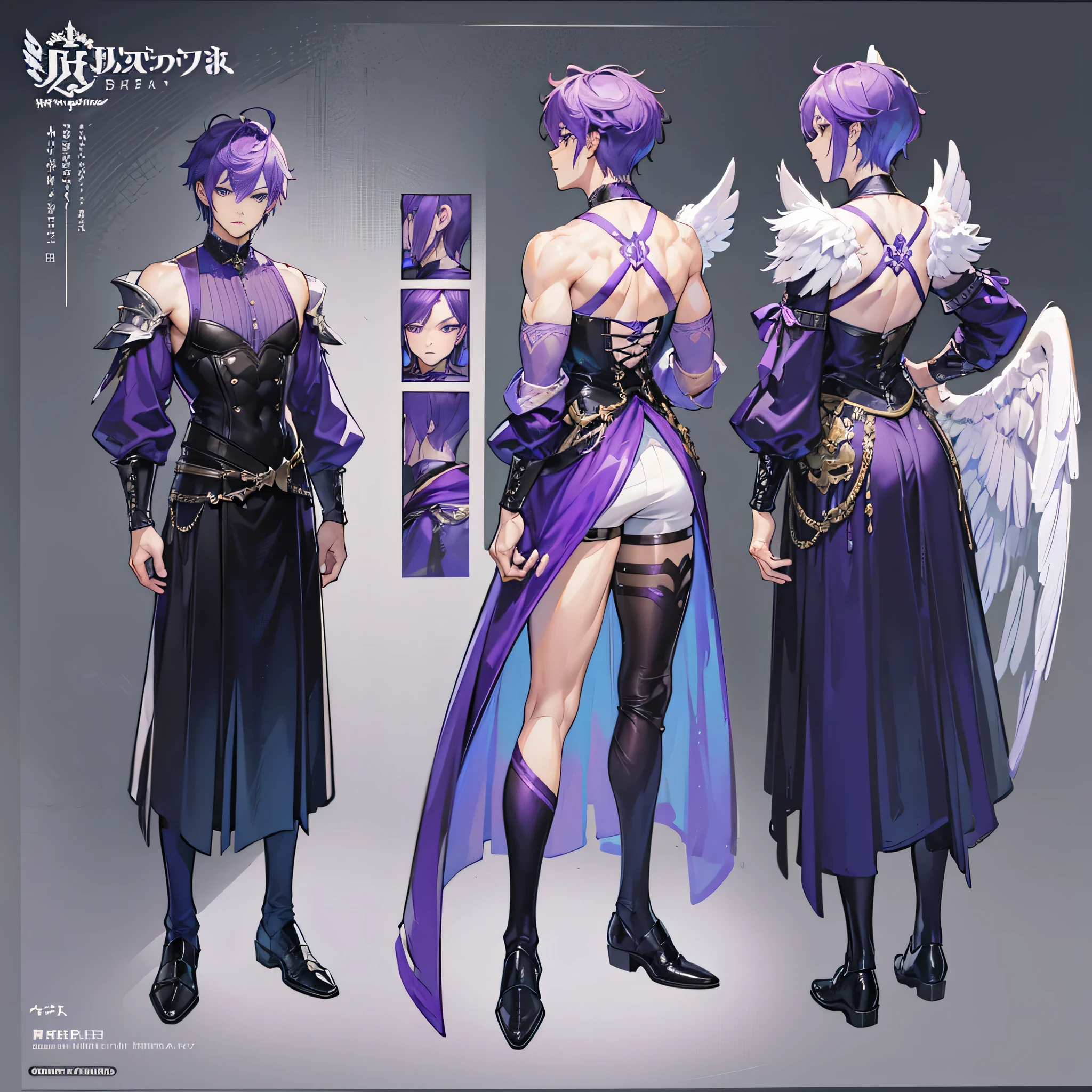 ((Masterpiece, Highest quality)), (Masterpiece, best quality), detailed, 1boy, ((character concept art)), ((character design sheet, same character, front, side, back)), Male, boy, Detailed face, character design sheet，full bodyesbian, Full of details, frontal body view, back body view, Highly detailed, character sheet, character design, Many parts, dark skin, angel wings, short purple hair, angel outfit, masculine, male muscle, manly men, manly boy, male angel, manly angel, Muscle boy with purple short hair，handsome man, male angel , man tall