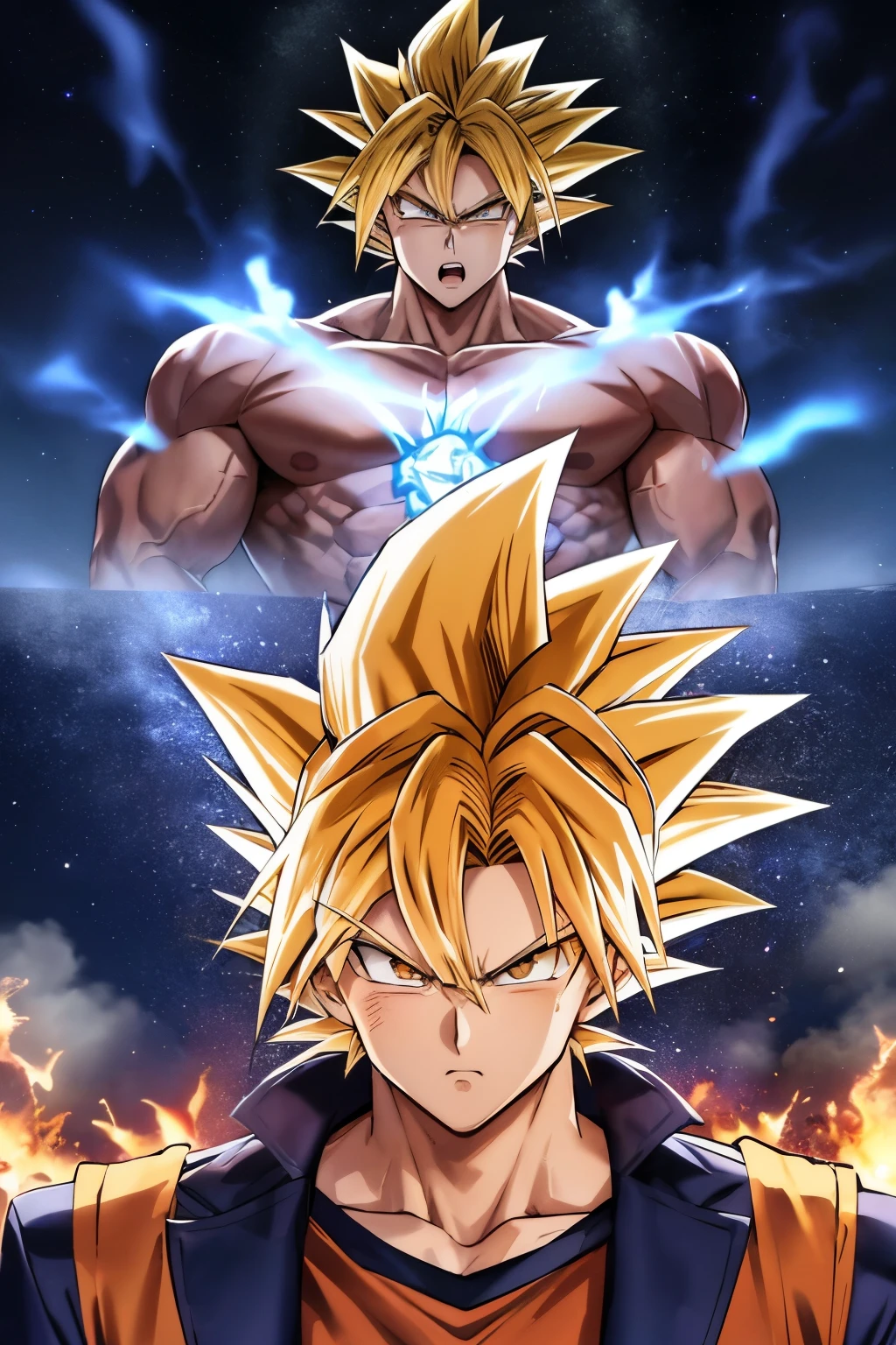 Anime style, Portrait, Super Saiyan Goku, Angry expression, Front view, 4k Anime Wallpaper, High-resolution, Detailed portrait, Dramatic lighting, Muscular physique, Spiky hair, Bright blue aura, Glowing eyes, defined abs, facial muscles tensed, fiery gaze, dark background, Christmas scenery, snow-covered landscape, misty atmosphere, steam rising, night sky.