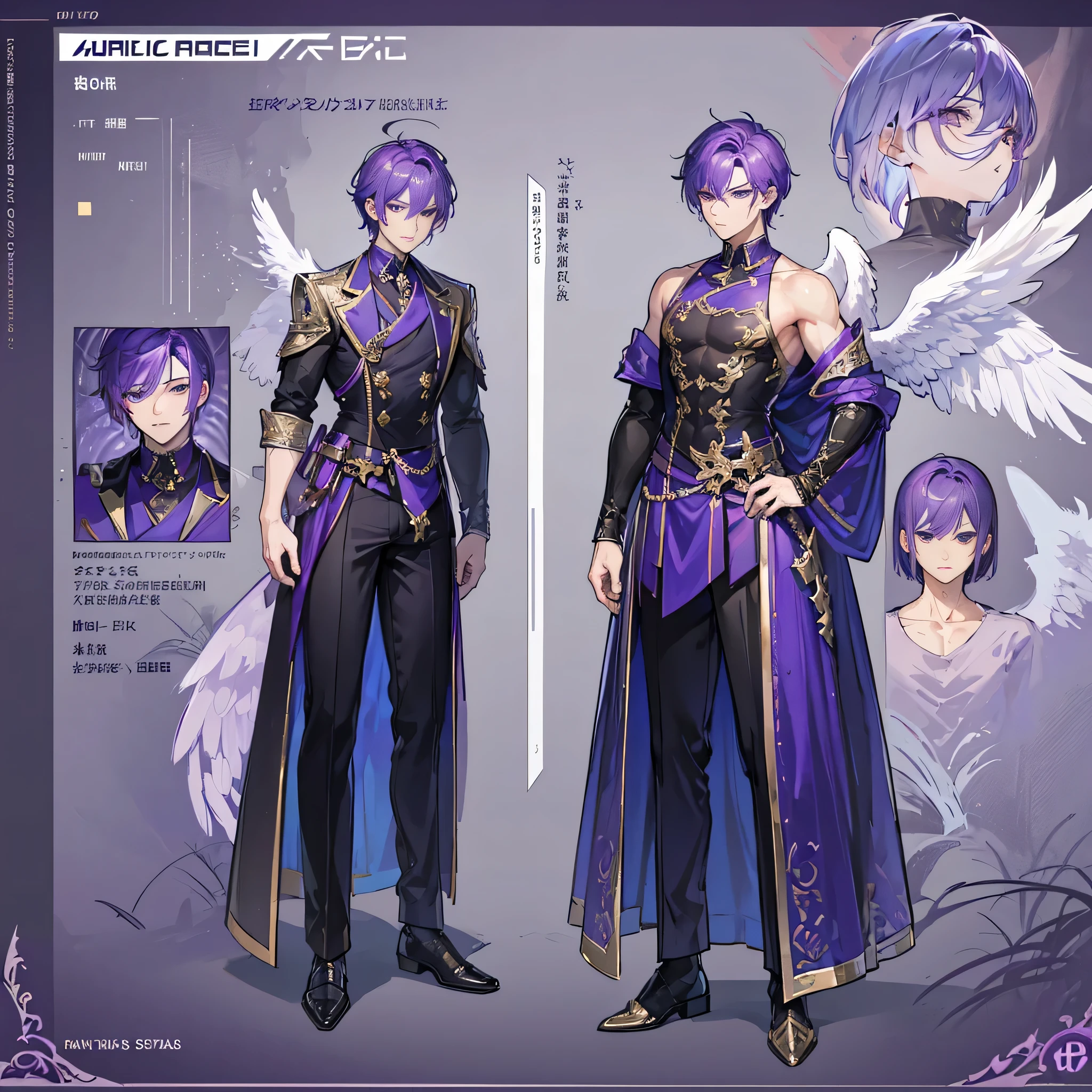 ((Masterpiece, Highest quality)), (Masterpiece, best quality), detailed, 1boy, ((character concept art)), ((character design sheet, same character, front, side, back)), Male, boy, Detailed face, character design sheet，full bodyesbian, Full of details, frontal body view, back body view, Highly detailed, character sheet, character design, Many parts, dark skin, angel wings, short purple hair, angel outfit, masculine, male muscle, manly men, manly boy, male angel, manly angel, Muscle boy with purple short hair，handsome man, male angel , man tall