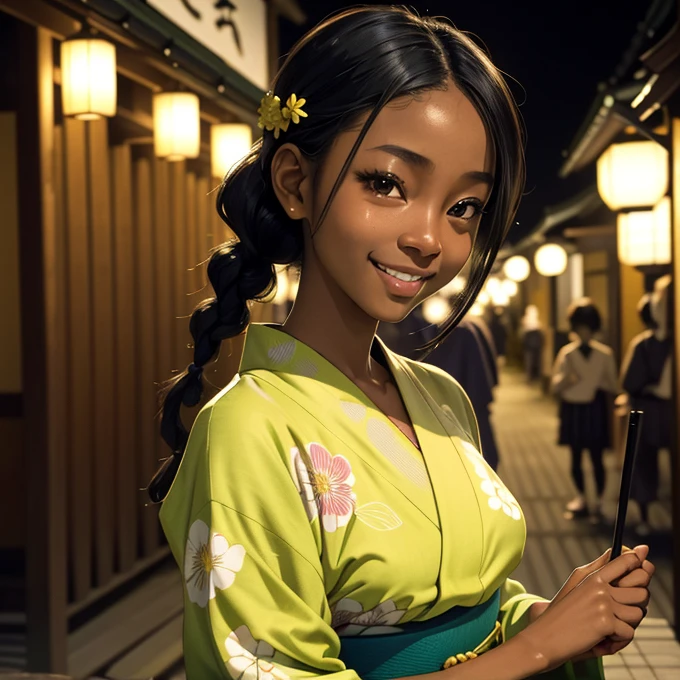 (masterpiece, best quality), deep ebony 1girl, beautiful face, freely short braids, Kyoto background , during a Japanese festival, cute female yukata, green and yellow pattern, beautify, Lofi vibe, , cute night vibe, looking to the city, hands outside of the picture, cute smile