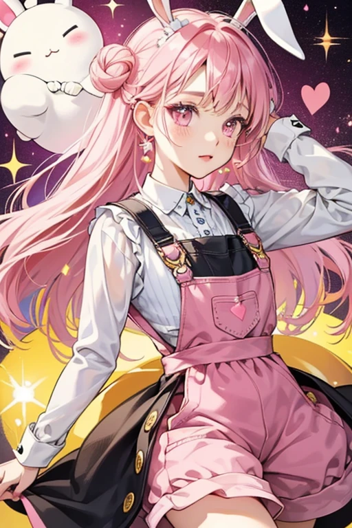  she resembles a white rabbit with black arms and legs. She wears a pink dress with yellow buttons (similar to Bunbuntchi's overalls) and she has black ears shaped like hearts. SPARKLE; GLITTER