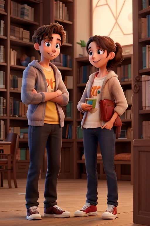 ((mejor calidad)) two young people one male and one female talking in the library