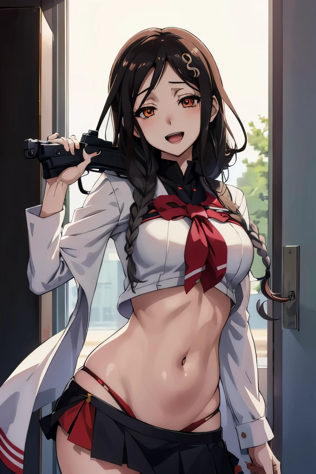 shirayuki tomoe , st1, braid, hair ornament, large breasts, evil smile, blush, lipstick, masterpiece, best quality, highly detailed, a anime girls in sailor uniforms with a gun posing for a picture,
evil smile, smile, open mouth,black_serafuku, ecchi anime style, anime girls , (nsfw) not safe for work,
ecchi style, ecchi, shipgirls, digital anime art!!, high school girls, holding a gun, hold a gun, anime style 4
k, micro skirt, exposed belly, exposed navel, exposed midriff,
exposed lower belly,school, classroom, bellybutton