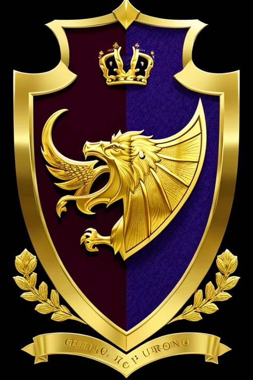 A stunning heraldic shield with a deep purple background, showcasing gold lettering. The letters 'A' and 'L' are intricately intertwined, forming the monogram 'AL'. A golden crown sits atop the shield, and the overall design is framed by a thick gold border. The shield itself is surrounded by a cascade of gold and purple ribbons, creating a sense of grandeur and elegance.