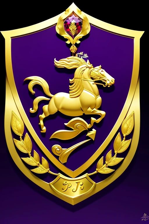 A stunning heraldic shield with a deep purple background, showcasing gold lettering. The letters 'A' and 'L' are intricately intertwined, forming the monogram 'AL'. A golden crown sits atop the shield, and the overall design is framed by a thick gold border. The shield itself is surrounded by a cascade of gold and purple ribbons, creating a sense of grandeur and elegance.