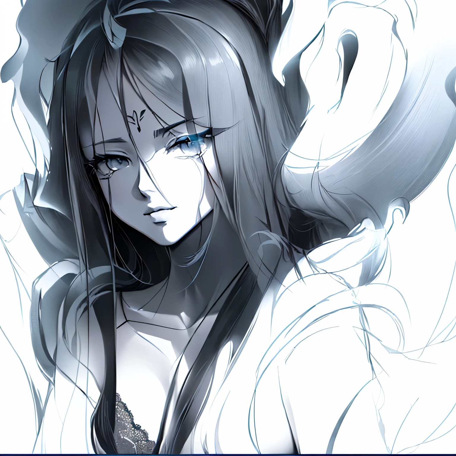 A picture of a woman with long hair and seductive face, Scantily clad,Floating Ghost,Clear anime silhouette, clean Line Art, perfect Line Art, thick black Line Art, thick Line Art, Anime Sketch, 强烈的Line Art, Line Art, anime shading), simple Line Art, bold Line Art, heavy Line Art, Anime style, Outline Sketch, Silhouette Art, anime shading