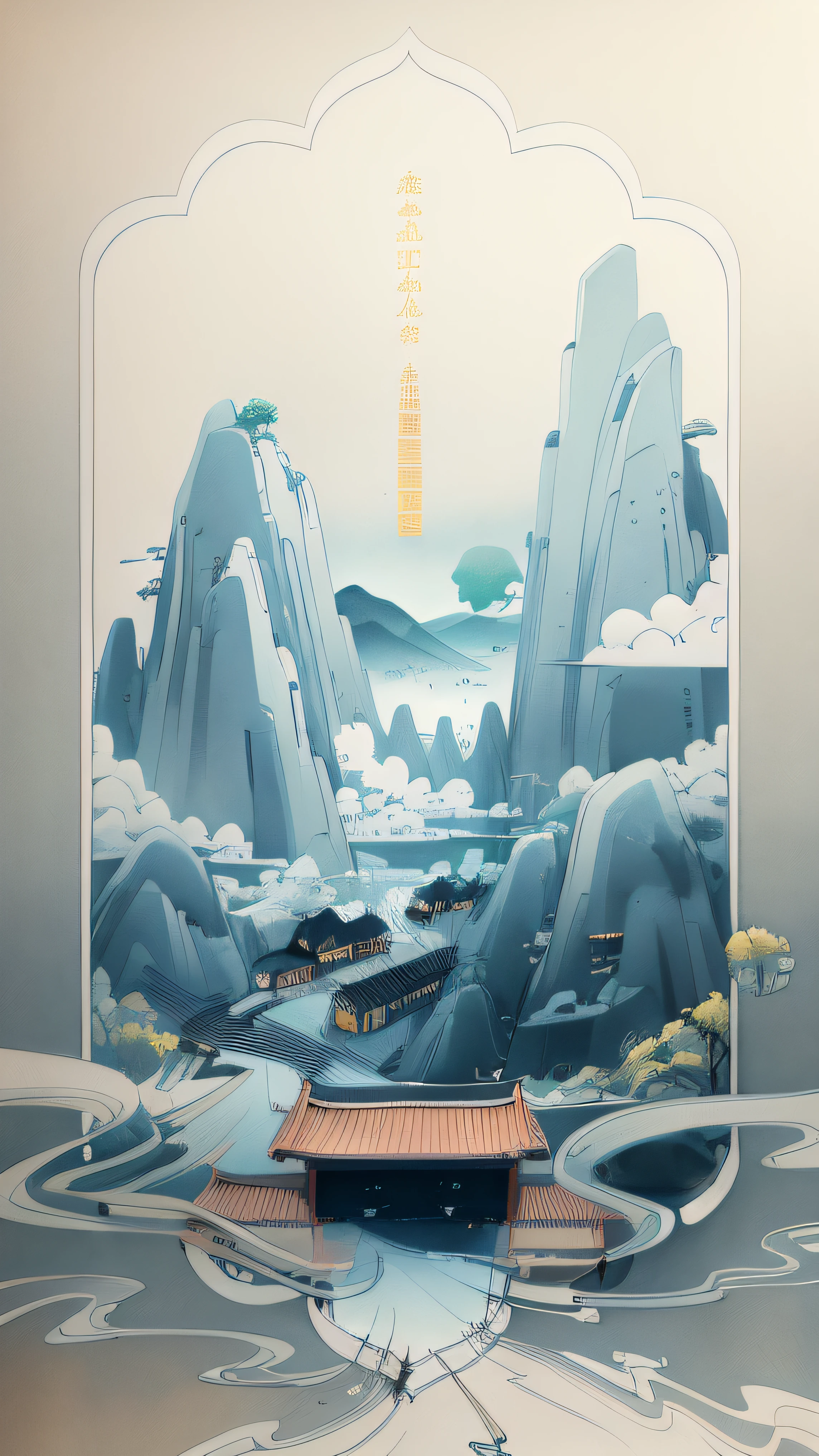Chinese scenery，There are mountains, there are waters, there are boats, Full page illustration, 详细的Line Art, Full length view, Clean ink and delicate line drawing, Clean line drawing, color page, Line Art插图, Full page illustration, Coloring Book, Inspired by Yang Buzhi, Very detailed ink line drawing, Line Art, Chinese scenery, Linear illustration