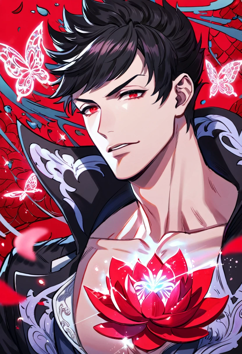 absurdres, highres, ultra detailed, HDR, master piece, best quality, Belial, black hair, expressive red eyes, granblue fantasy, solo, sexy man, handsome, patterns, magical, fantasy, red background, red lotus, shining, red petals, red sparkling butterflies