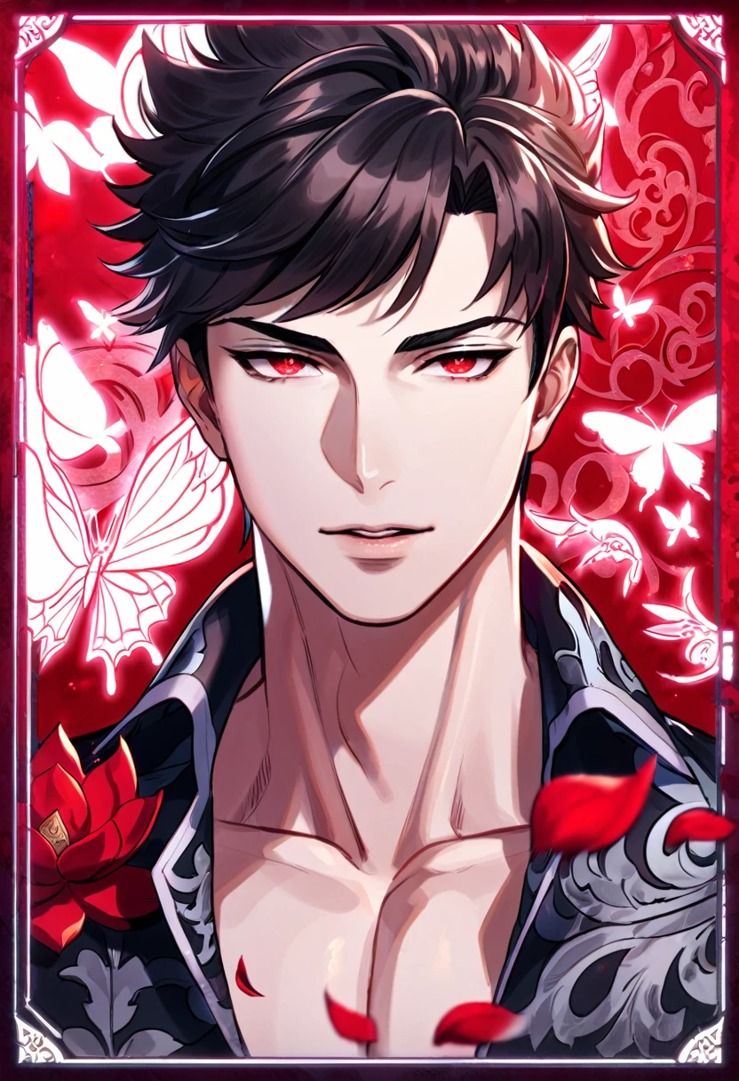 (absurdres, highres, ultra detailed, HDR) master piece, best quality, perfect face, delicated features, Yoo Joonghyuk, black hair, expressive gray eyes, Omniscient reader's viewpoint, solo, sexy man, handsome, toned chest, black kimono with accessories, patterns, red spider lilies, water, magical moon
