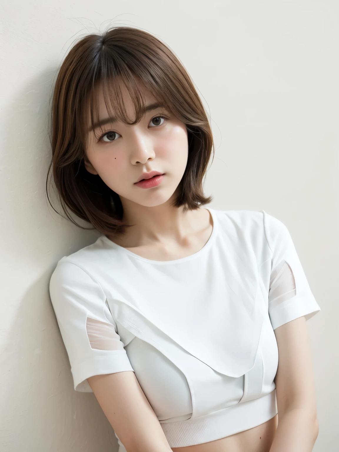 Short sleeve tops、(White wall background、Layered Cut:1.4)、Photographed in natural light、Look down、Don't look at the camera、In front of a white door、(In a room with white walls and a window)、((highest quality、8k、masterpiece:1.3))、Ultra-high resolution、(photoGenuineistic:1.4)、RAW Photos、Japanese,(Detailed aspect)、Genuine、Highly detailed face and skin texture、Highly detailed lips、The correct state of the human body、Medium Hair、Black Hair、Mr.々A pose、Natural color lip
