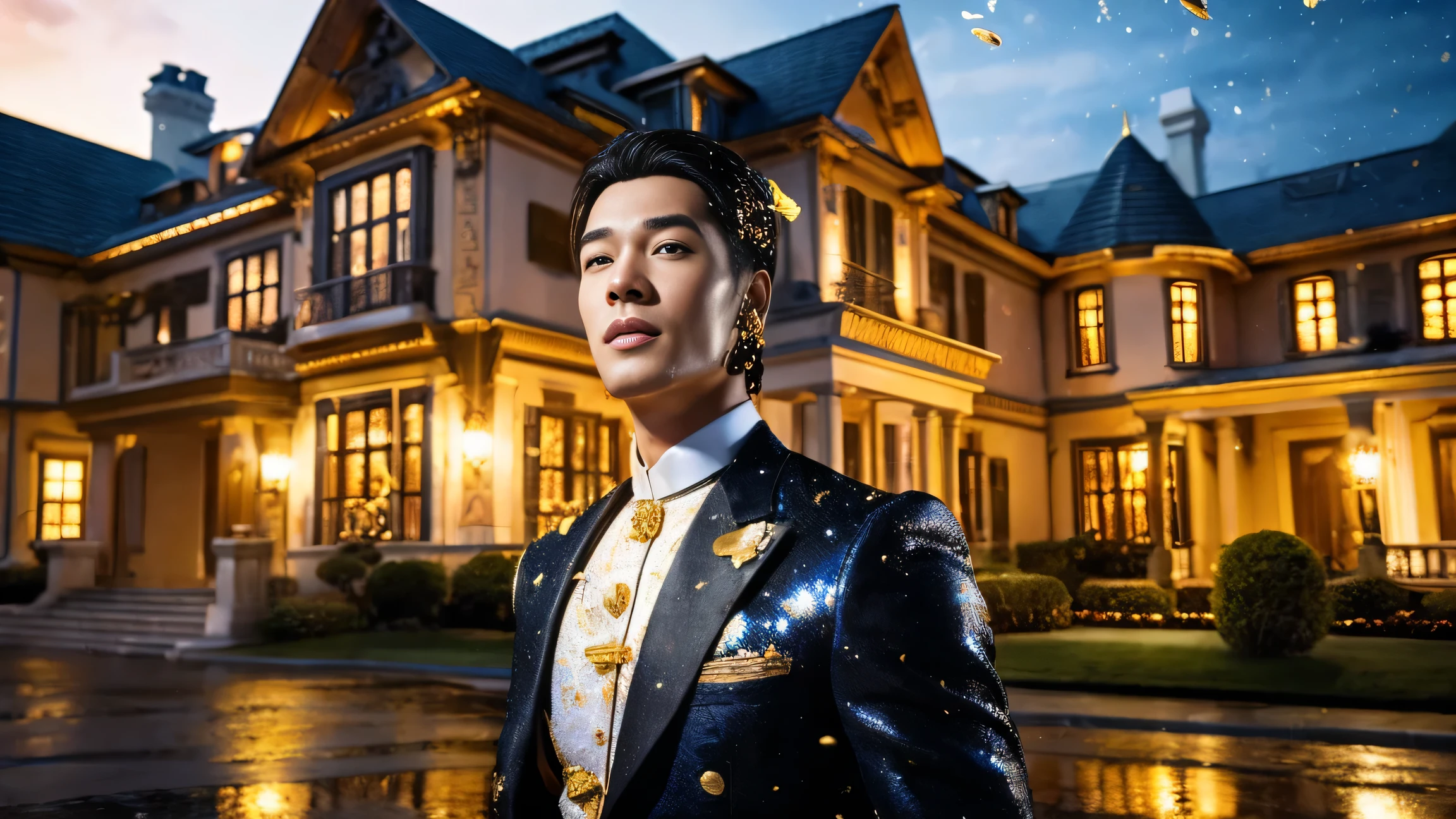 a man in front of a mansion full of gold coins falling from the sky, ultra detailed image, realism, 8k, hyper detailed skin, intense and vivid colors.