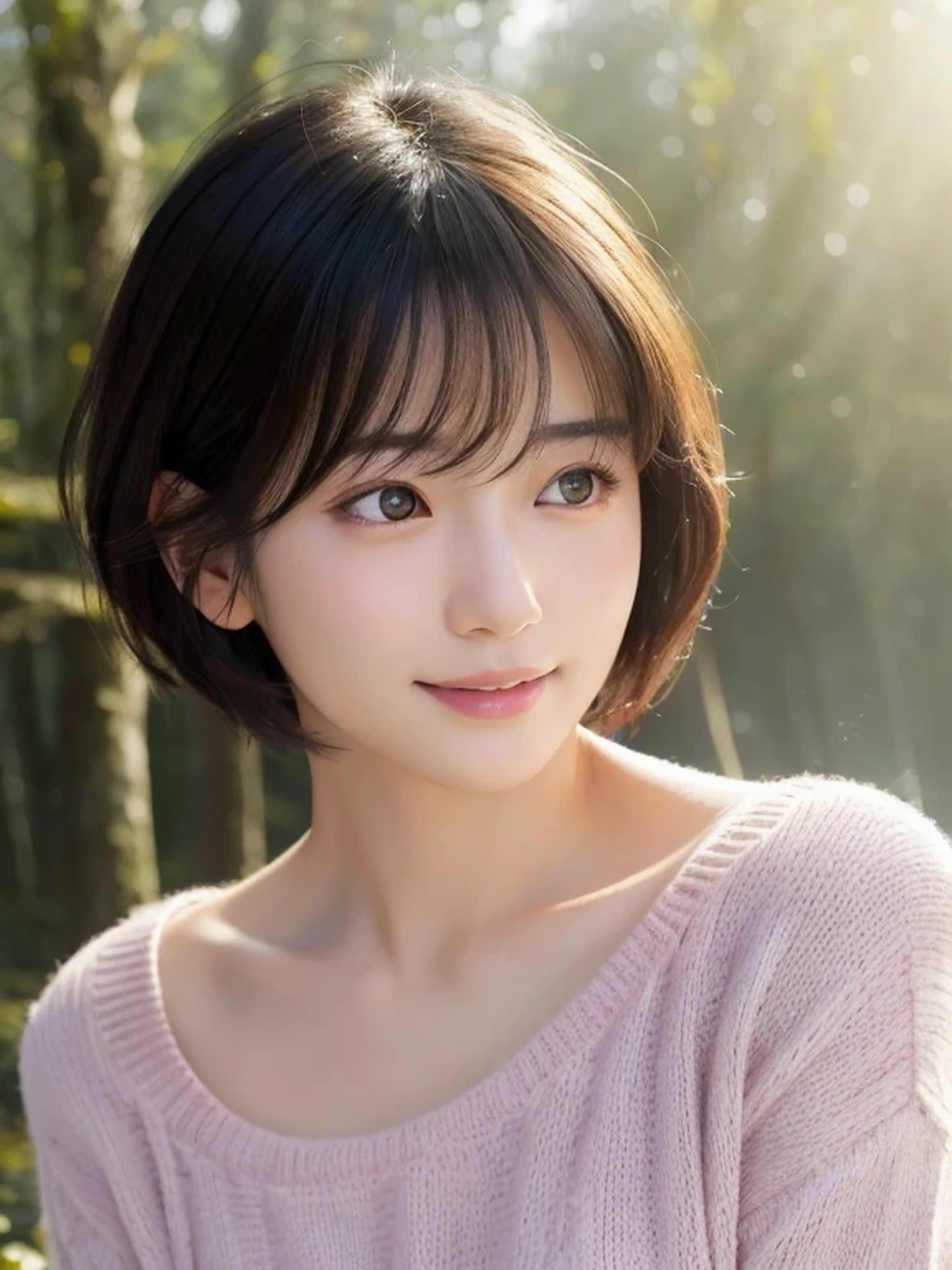 Beautiful Japanese girl, sad, open mouth to say something, shy, Soft skin and a nice perfect face, A small face with a nose and rosy lips, Beautiful Eyes, Beautiful smile. Surrounded by a bright, ethereal glow, short hair, sweater, Hyperrealistic female photos, High quality high resolution 8K masterpiece, The morning sunlight shines through the misty forest path,