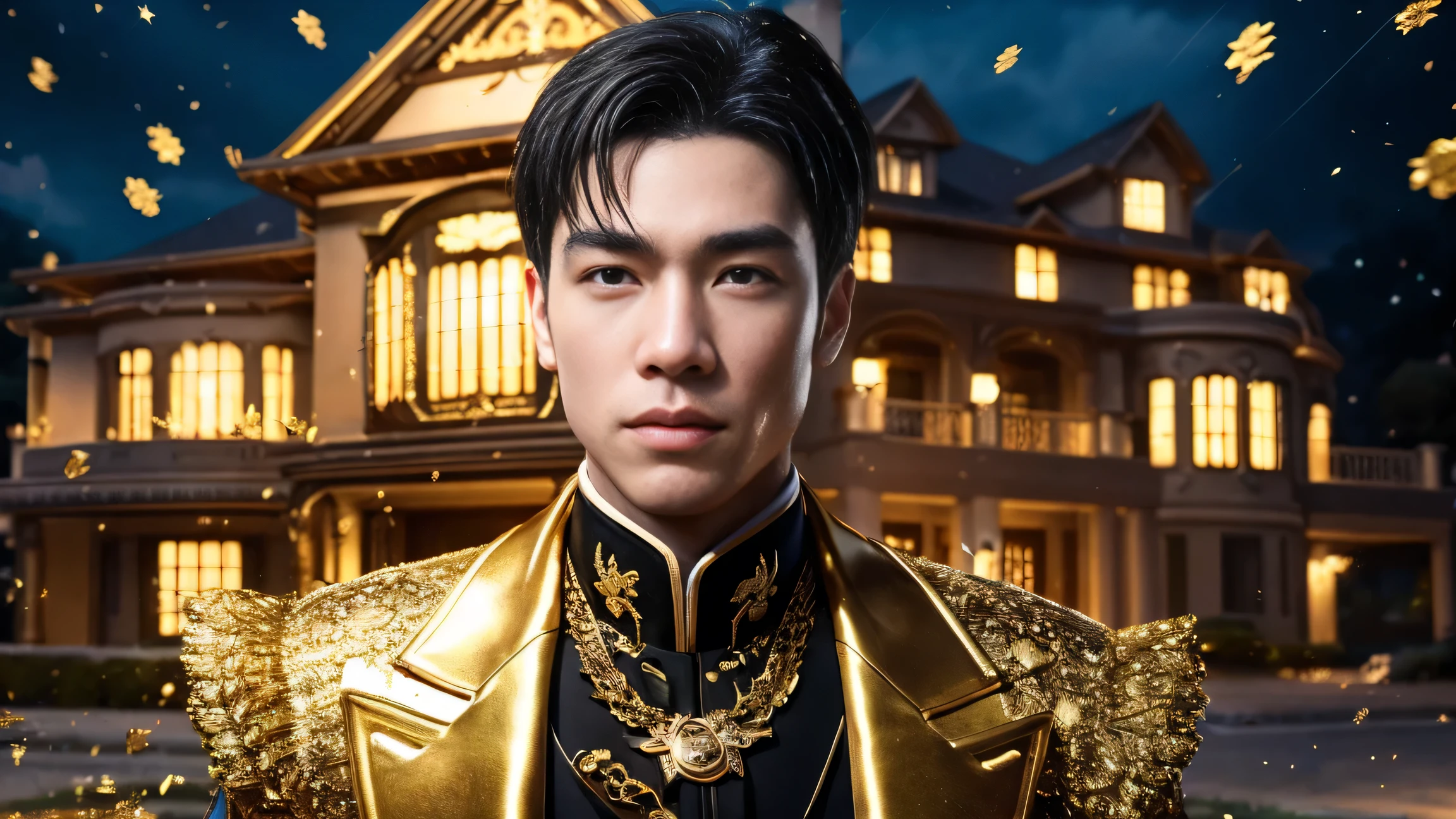 a man in front of a mansion full of gold coins falling from the sky, ultra detailed image, realism, 8k, hyper detailed skin, intense and vivid colors.
