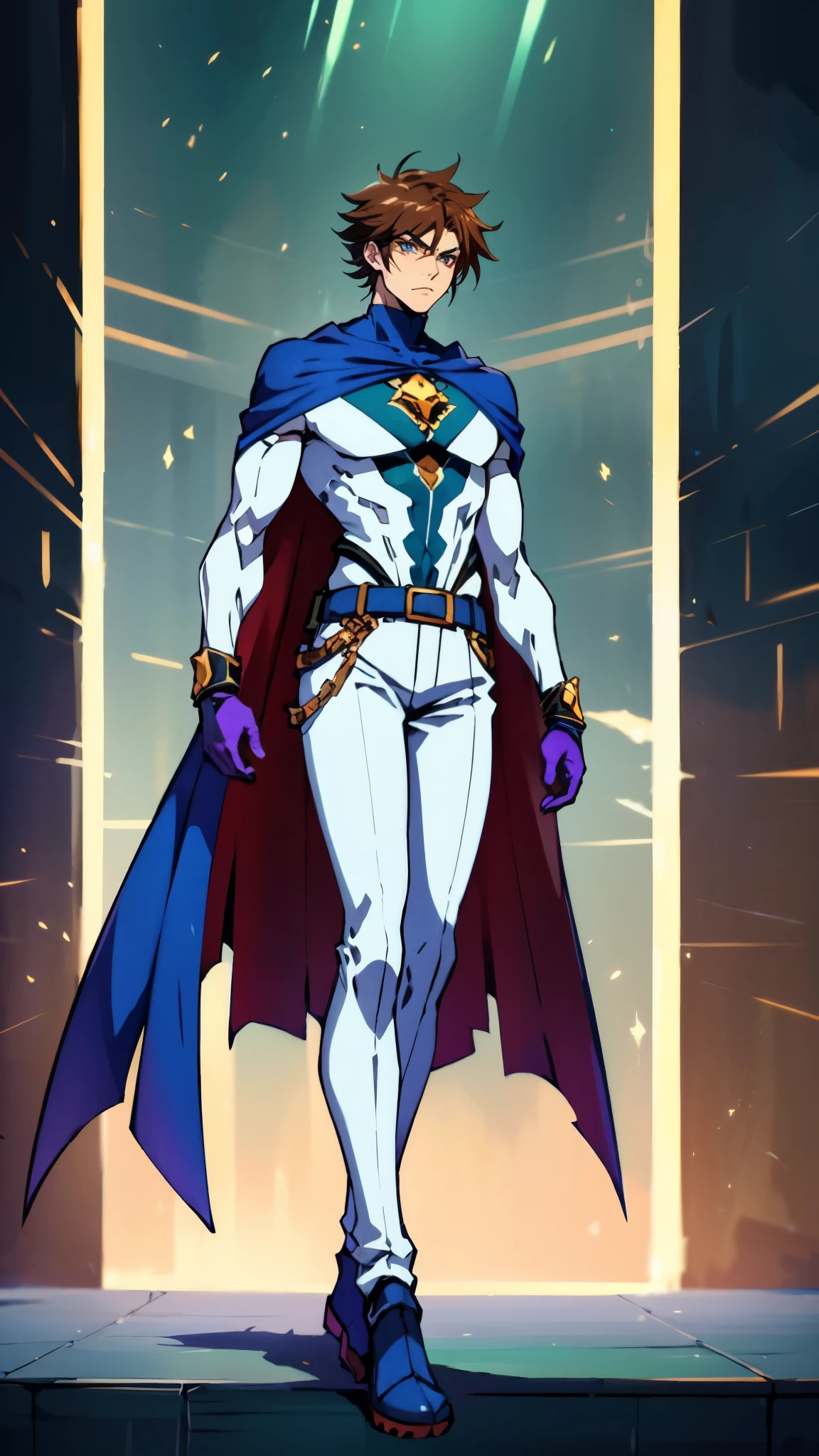 A young man with Greenish-blue spiky short hair, middle part bangs, a disdainful look, slender eyebrows, delicate features, a robust physique, a fantasy-style purple and white tight outfit, a black collar connected to a dark blue cape, a white belt attached to a red and white hem, sky-blue trousers, green flowing light surrounding him, standing on a long street at night, side view, this character embodies a finely crafted fantasy-style warrior in anime style, exquisite and mature manga art style, dramatic, high definition, best quality, highres, ultra-detailed, ultra-fine painting, extremely delicate, professional, perfect body proportions, golden ratio, anatomically correct, symmetrical face, extremely detailed eyes and face, high quality eyes, creativity, RAW photo, UHD, 32k, Natural light, cinematic lighting, masterpiece-anatomy-perfect, masterpiece:1.5