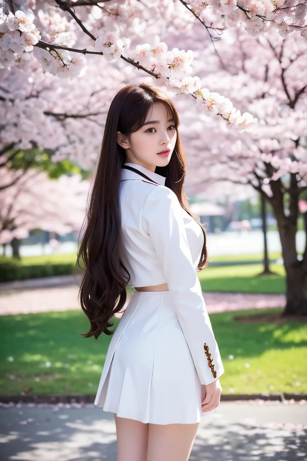 Realistic, High resolution, 1 female, Glowing Skin, alone, Wide lips,round face,Realistic skin texture,Genuine,Detailed face,high school girl,White skin,,Full Body Shot,uniform,Cherry blossom trees,April,look back,Lost in Thought,Model-like style