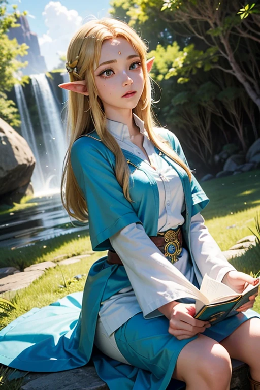 princess zelda, 1 garota, artist request, cinto, cabelo loiro, camisa azul, livro, Botas, inexpressivo, corpo todo, olhos verdes, high resolution, olhando para o espectador, Magia, nintendo, pants, Orelhas pontudas, camisa, cabelo curto, fundo simples, Sozinho, A Lenda de Zelda, A Lenda de Zelda: sopro da natureza, A Lenda de Zelda: Tears of the Kingdom, flor feita de luz, Magia