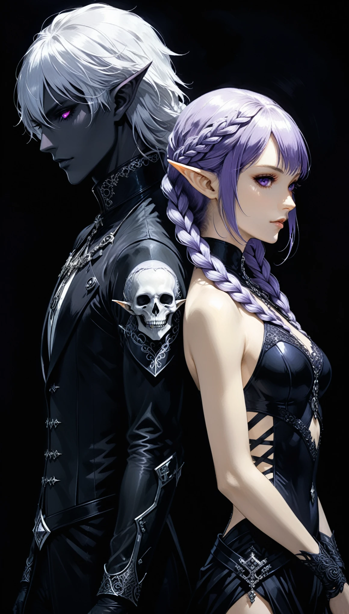 (in style of Ashley Wood:1.3),(in style of Takeshi Obata:0.9),in style of Jeffrey Catherine Jones,
(masterpiece, best quality, official art, beauty, Gothic, Tokyo Ghoul style:1.2),Very detailed,fractal art,Gorgeous,Zentangle,(Back-to-back),yinji,purple hair,purple eyes,long hair,white hair,double braids,gradient purple  hair,(1boy and 1girl:1.4),height_difference,(1 dark elf boy,1 white elf girl:2.1),(poseing:1.4),darkred,detail eyes,skins with a real texture,(dynamic action:1.5),gorgeous costumes,(hypermaximalist, elegant, ornate, hyper realistic, super detailed:1.1)