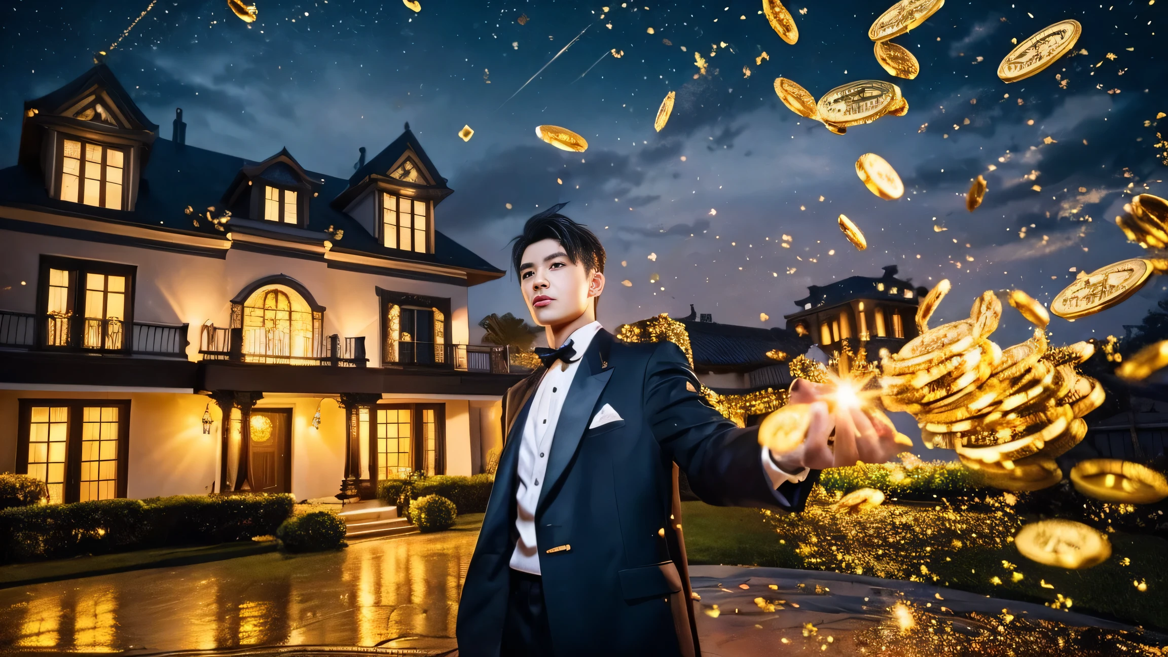 a man in front of a mansion full of gold coins falling from the sky, ultra detailed image, realism, 8k, hyper detailed skin, intense and vivid colors.