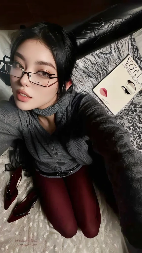araffed woman con gafas and a gray sweater laying on a bed, con gafas, cruel korean gothic girl, con gafas cuadradas, 1 7 year old gothic girl, sexy look at the camera, usando gafas redondas grandes y delgadas, con gafas on, girl con gafas, con lentes negros, !!Usar gafas modernas!!, selfie de una mujer joven