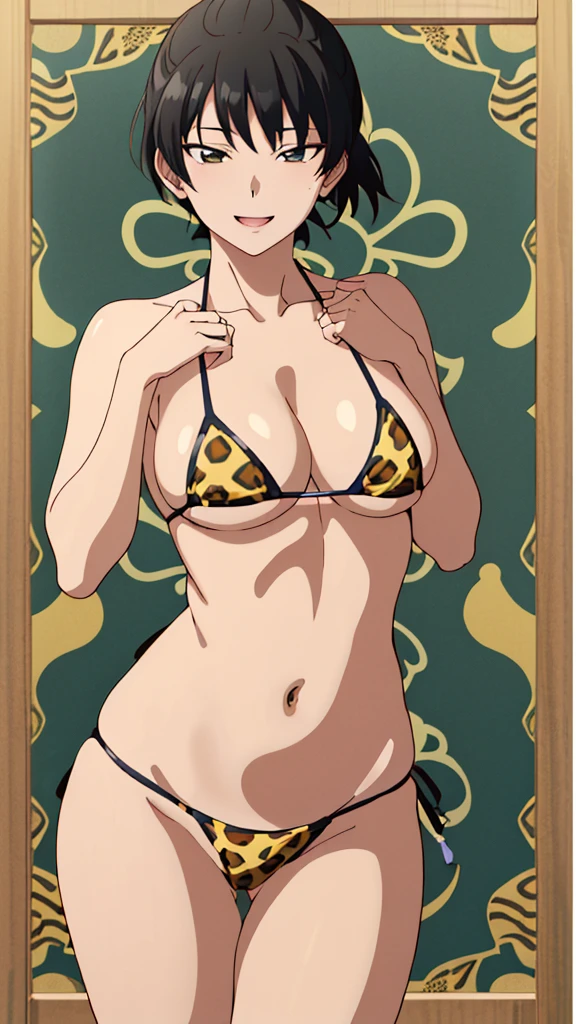 (masterpiece, 4K, highest quality, anime style: 1.9, Detailed face, Lovely, Bold Line, High resolution, anime, alone, Curvaceous, Thighs, Cleavage, Center of chest, smile, Please open your mouth wide, Very slim belly, Cowboy Shot,Leopard print bikini,1 girl, Hibiki Tsukahara, Black Hair