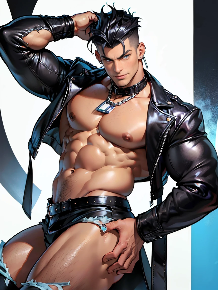 Rocker man, exaggeratedly muscular body, huge pecs, big ass, thick thighs, handsome face, detailed eyes, black hair shaved on the sides, blue eyes, mischievous smile, ear piercing, silver chain around his neck. He's wearing a black leather jacket and ripped jeans.