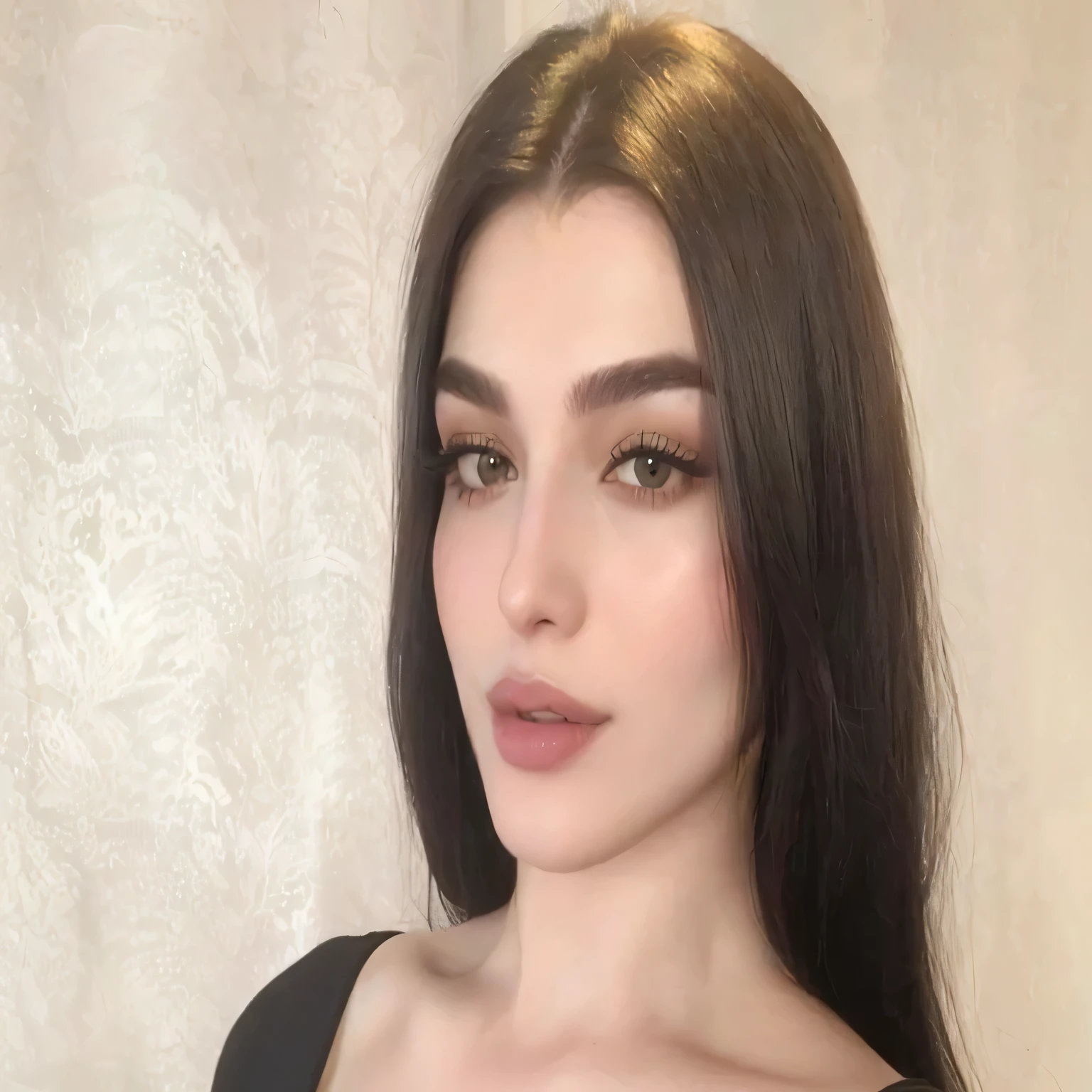 hay una mujer con pelo largo y un top negro, pale skin persian girl, anastasia ovchinnikova, Angelina Stroganova, yelena belova, Victoria Gavrilenko, cara perfecta ), Anna Nikonova aka Newmilky, julia gorokhova, Dasha Taran, julia sardinia, Alina Ivánchenko, foto de perfil en la cabeza