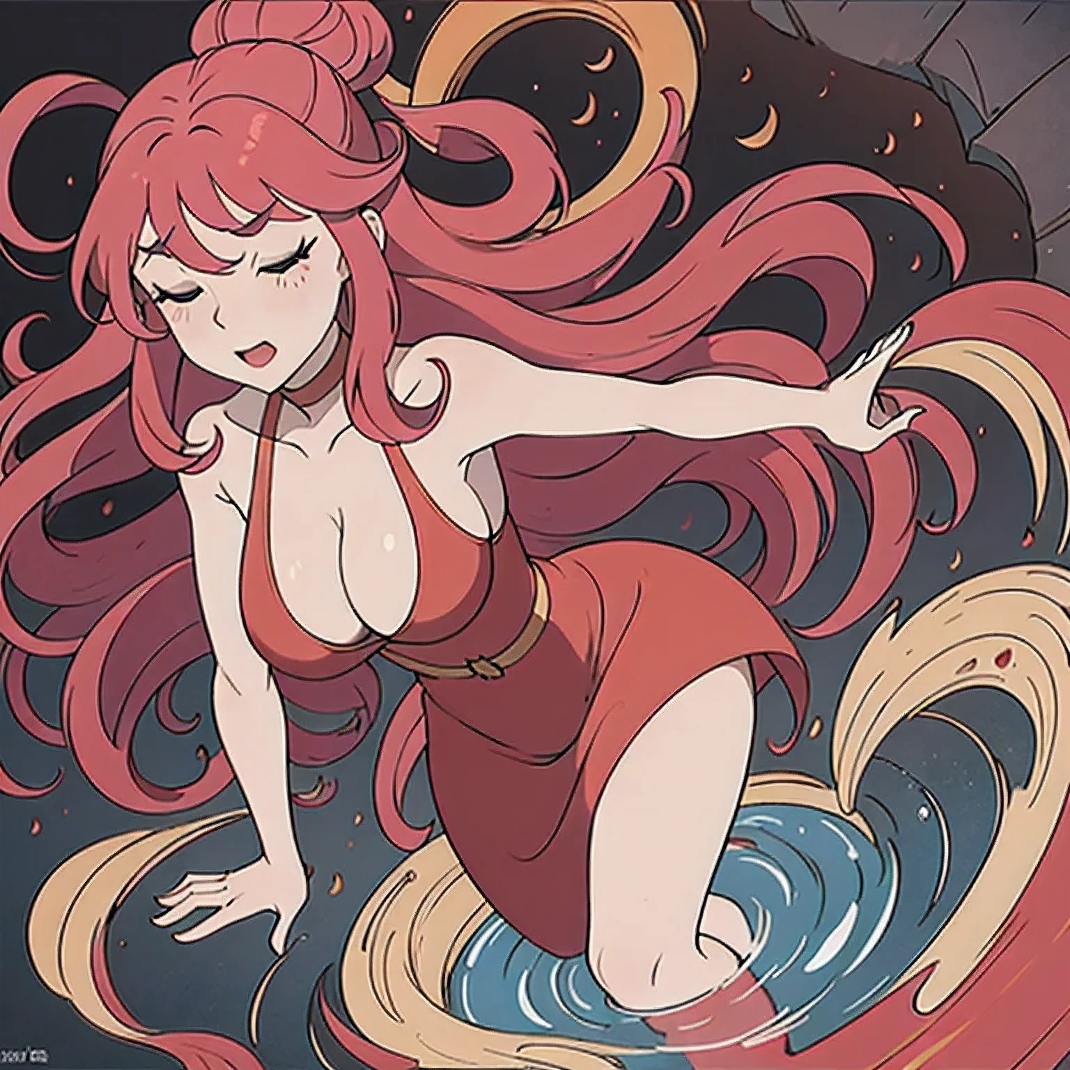 (abyss)
1girl
bangs
bare shoulders
breasts
cleavage
cleavage cutout
closed eyes
crescent
crescent facial mark
double bun
dress
facial mark
facing viewer
forehead mark
horns
long hair
medium breasts
parted bangs
partially submerged
pink hair
red hair
solo
very long hair
wading
water
