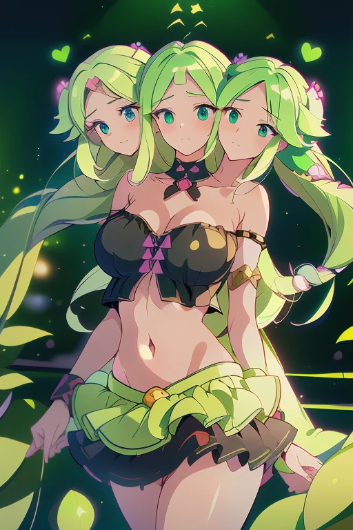 (masterpiece, best quality), best quality, best resolution, (ultra-detailed), (3heads:1.5), 1girl, (fuma mishandra:1.3), masterpiece, best quality, ultra quality, ultra resolution, ultra detail, black top, crop top, ((stomach)), midriff, ((groin)), black skirt, miniskirt, normal ears, shackles, green hair, very long hair, wavy hair, sidelocks, green eyes, detailed eyes, same eye color, parted lips, open belly, sweat, cute, toned belly, hand on own chest, eyelashes, (24 year old woman:1.3), (masterpiece:1.5), (best quality:1.5), (beautiful detailed), extremely detailed CG, extremely delicate and beautiful, depth of field, (finely detailed face), (perfect details:1.2), (mature female:1.3), wide pelvis, slender, large veiny breast, 16k resolution, highres, high quality, high definition, extremely detailed, masterpiece, green hair, long hair, alluring presence, twin braid, short skirt, close up, big tits, young, girl with three heads,