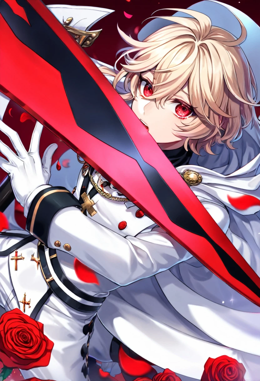 Ultra detailed, HDR, Highres, absurdres, master piece, Mikaela Hyakuya, wavy blond hair, expressive red eyes, white cape, Owari No Seraph, white vampire clothes, red glittering butterflies, petals, fantasy, red roses, sexy man, solo, extremely detailed face and eyes, handsome, glittering, white gloves, red background, red flames, cross, vampire, white clothes, white pants, grabbing a red sword,