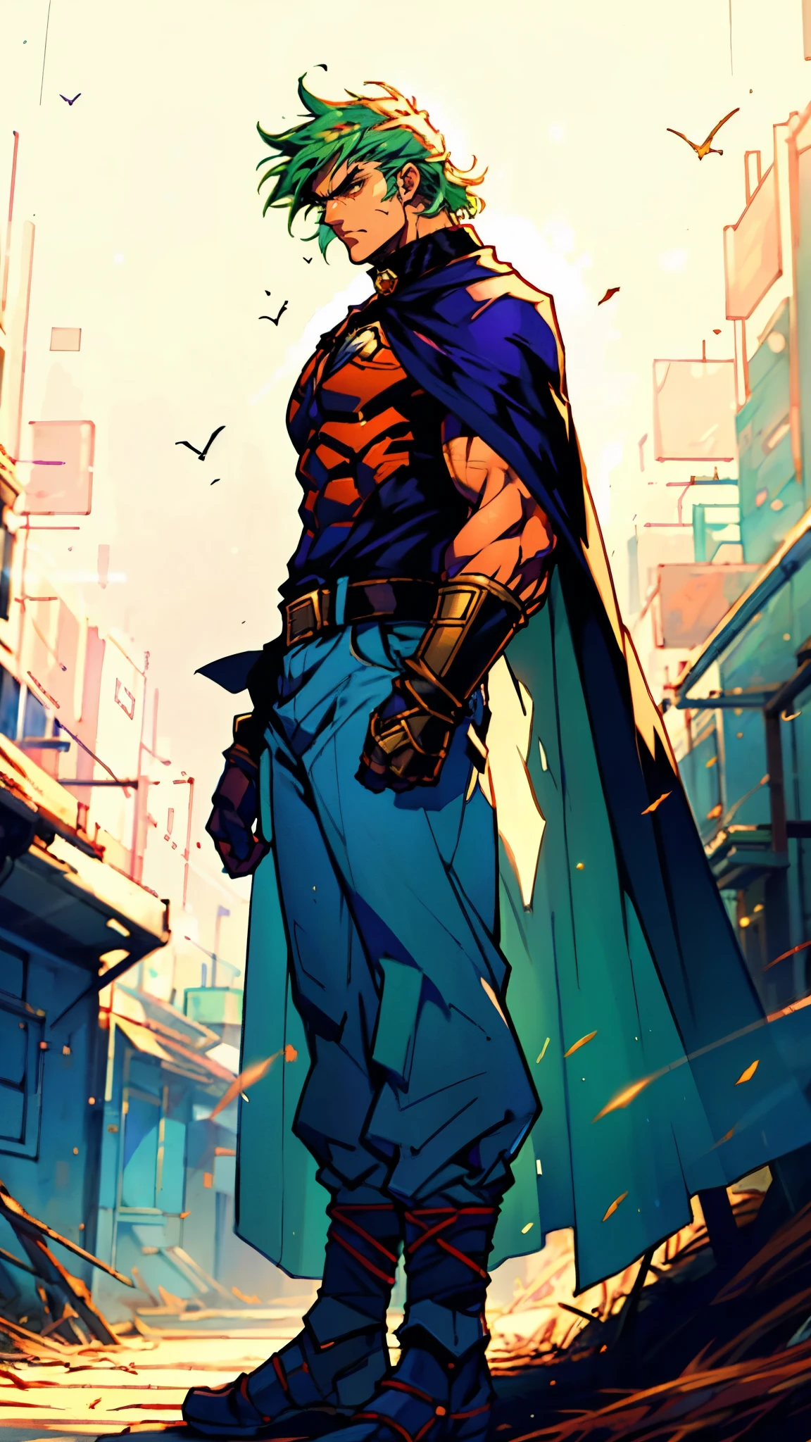 A young man with Greenish-blue spiky short hair, middle part bangs, a disdainful look, slender eyebrows, delicate features, a robust physique, a fantasy-style purple and white tight outfit, a black collar connected to a dark blue cape, a white belt attached to a red and white hem, sky-blue trousers, green flowing light surrounding him, standing on a long street at night, side view, this character embodies a finely crafted fantasy-style warrior in anime style, exquisite and mature manga art style, dramatic, high definition, best quality, highres, ultra-detailed, ultra-fine painting, extremely delicate, professional, perfect body proportions, golden ratio, anatomically correct, symmetrical face, extremely detailed eyes and face, high quality eyes, creativity, RAW photo, UHD, 32k, Natural light, cinematic lighting, masterpiece-anatomy-perfect, masterpiece:1.5