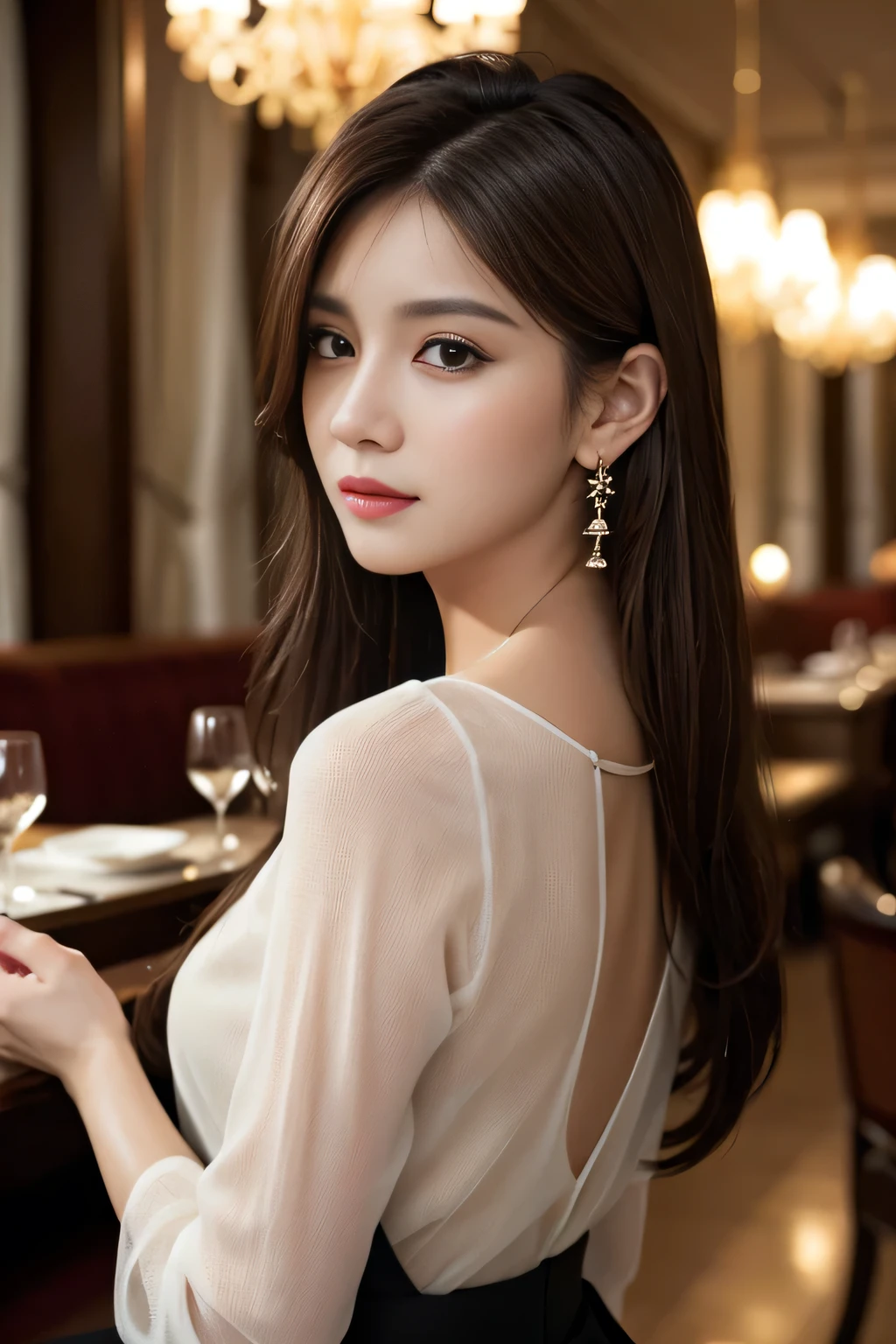 masterpiece, highest quality, Realistic, Very detailed, Finer details, High resolution, 8k wallpaper, One beautiful woman, Wear an elegant black see-through blouse, In a great restaurant, At night, Light brown messy hair, Perfect dynamic composition, Beautiful and beautiful eyes、Big earrings