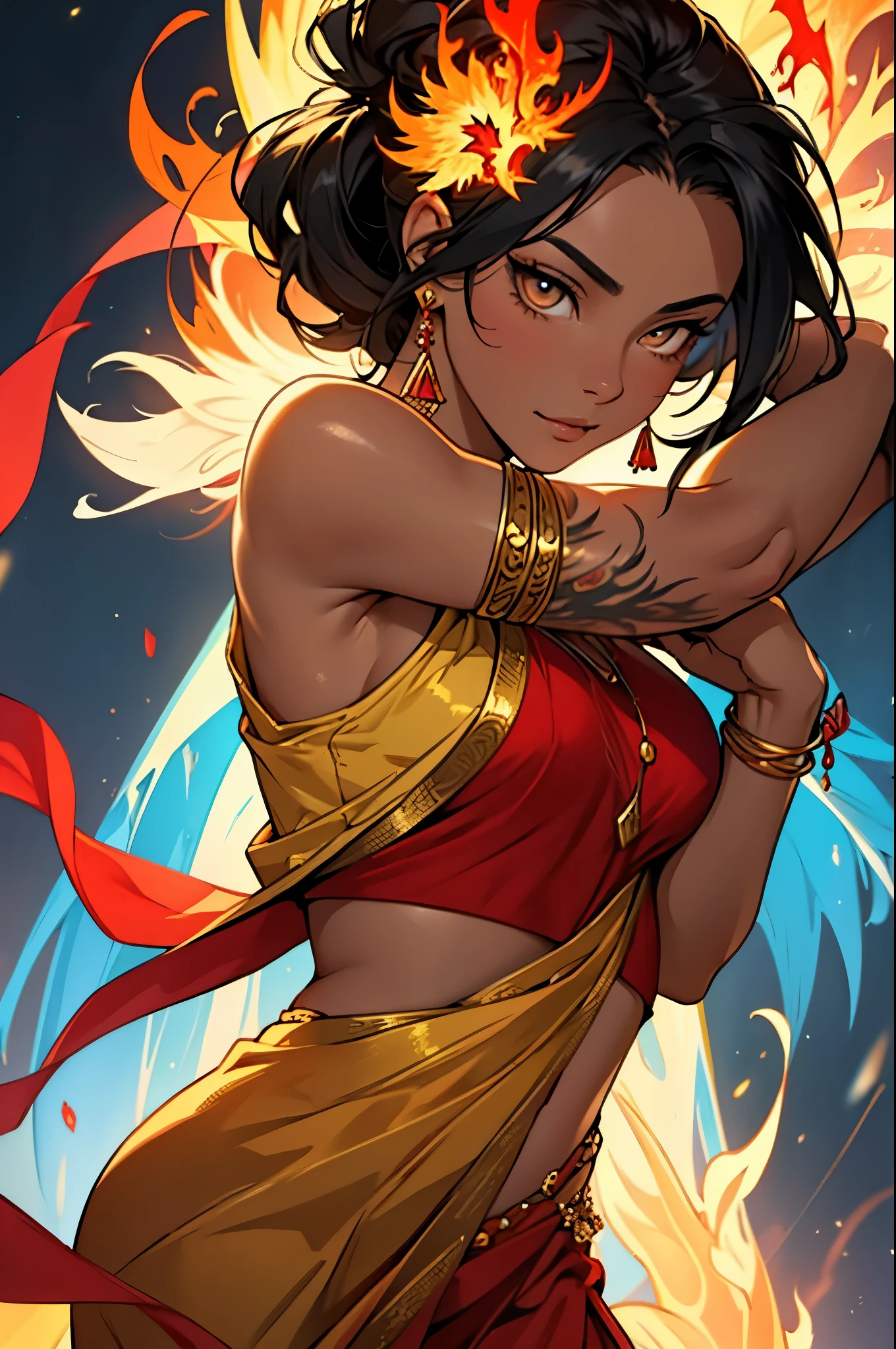 Create a detailed close-up portrait of Asha Kumar (Phoenix). She has an oval face with high cheekbones and a soft jawline. Her skin is warm tan, and her large, bright amber eyes glow with an inner flame. Her long, straight black hair falls gracefully over her shoulders, adorned with golden and red threads. Surround her with a subtle aura of dancing golden and red flames to emphasize her connection with the phoenix.
