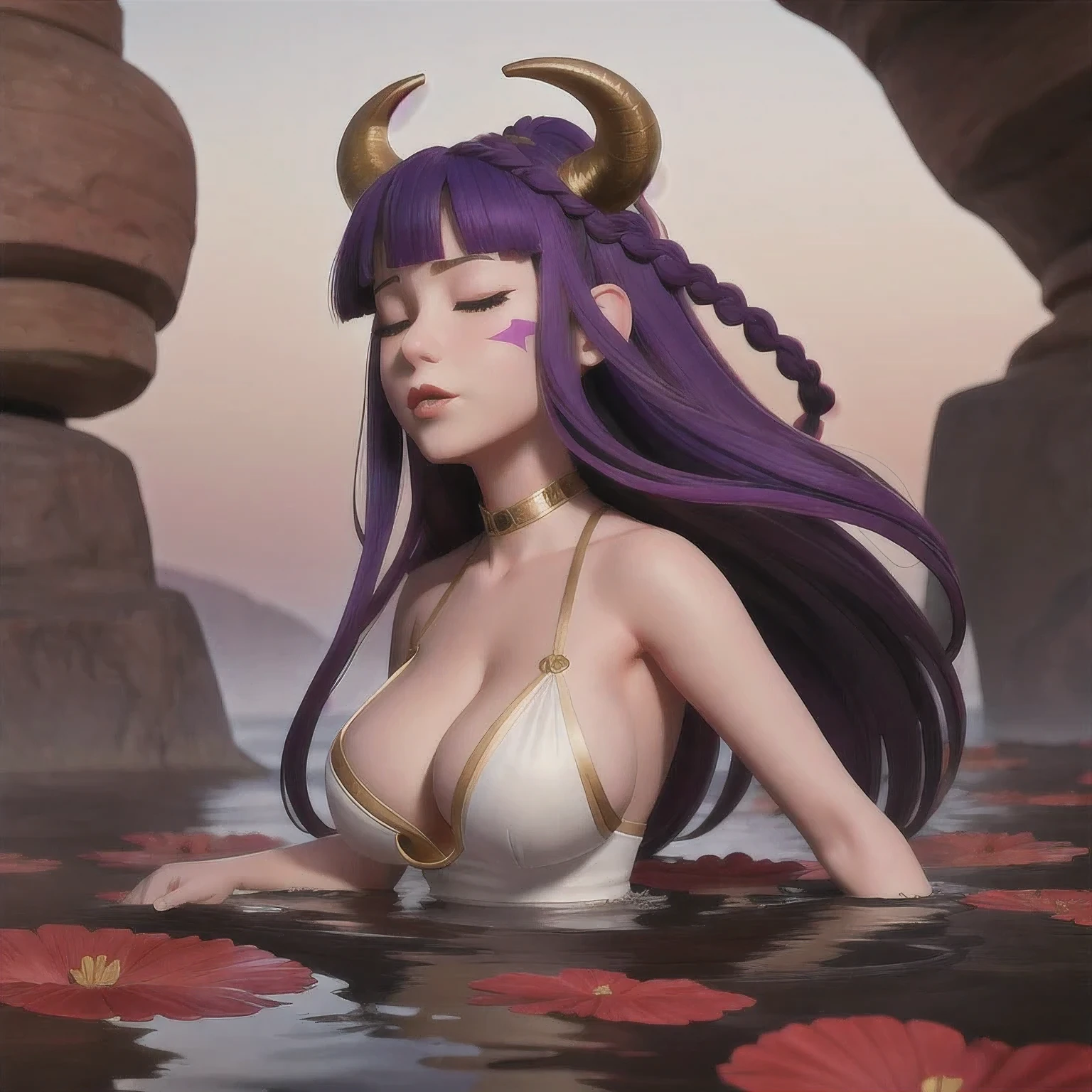 (Abyss) 1 Girl's bangs, exposed shoulders, chest, cleavage, cleavage, incision, closed eyes, crescent shaped facial mark, double braid dress, facial mark facing the audience's forehead, cow horns, long hair, medium chest, separated bangs partially submerged, purple hair, white hair, single long hair, wading through the water