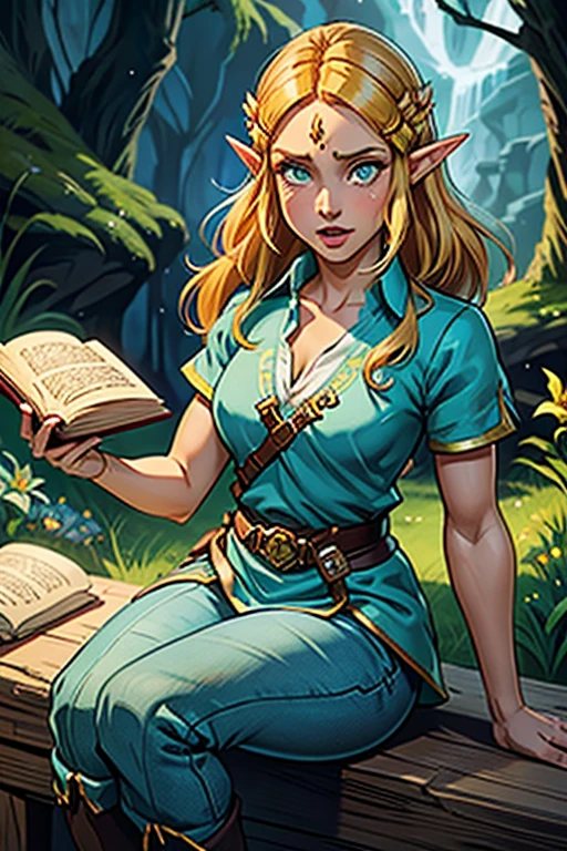 princess zelda, 1 garota, artist request, cinto, cabelo loiro, camisa azul, livro, Botas, inexpressivo, corpo todo, olhos verdes, high resolution, olhando para o espectador, Magia, nintendo, pants, Orelhas pontudas, camisa, cabelo curto, fundo simples, Sozinho, A Lenda de Zelda, A Lenda de Zelda: sopro da natureza, A Lenda de Zelda: Tears of the Kingdom, flor feita de luz, Magia