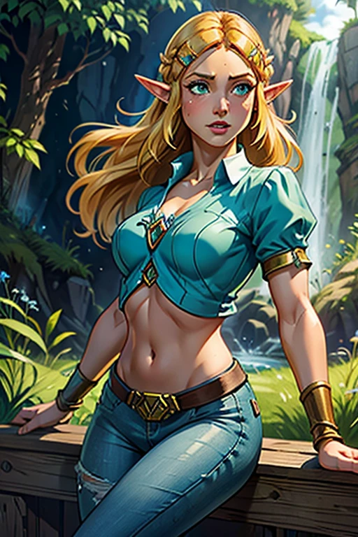 princess zelda, 1 garota, artist request, cinto, cabelo loiro, camisa azul, livro, Botas, inexpressivo, corpo todo, olhos verdes, high resolution, olhando para o espectador, Magia, nintendo, pants, Orelhas pontudas, camisa, cabelo curto, fundo simples, Sozinho, A Lenda de Zelda, A Lenda de Zelda: sopro da natureza, A Lenda de Zelda: Tears of the Kingdom, flor feita de luz, Magia