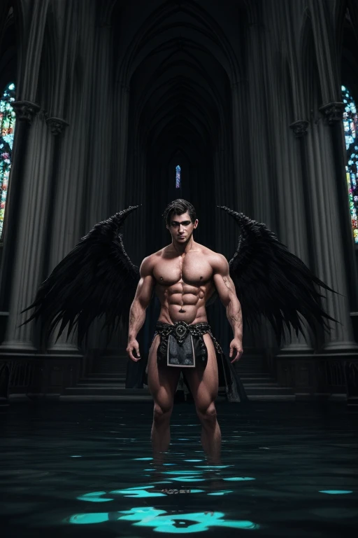 masterpiece, best quality, {Create a full-body shot dark fantasy illustration of} a shirtless, barefoot, pantless, 23-year-old male model with short dark hair who is {embodying} Devil's, the fallen angel, {who is looking at the camera and displaying his entire defined fit body, including his amazing abs, great chest, impressive arms, and great legs, while wearing a skirt-like super short black loincloth}. {He should radiate flawlessness, with a deep dark and evil presence, short messy dark hair, a strong jawline, and great deep blue eyes}. {Position him} in a vast, gothic cathedral, {with the floor submerged in black whaters}, creating an ominous and supernatural setting. {Use} a combination of digital illustration techniques to {enhance} the dark fantasy aspect, {and include} intricate details in Devil's huge massive black wings coming out of his back, the wrinkles in his loincloth and his surroundings. {The full-body shot image should evoke} a sense of awe and dread, {capturing} the Devil's power while directly looking camera, hyper detail face, hd. 8k, high deep of field.