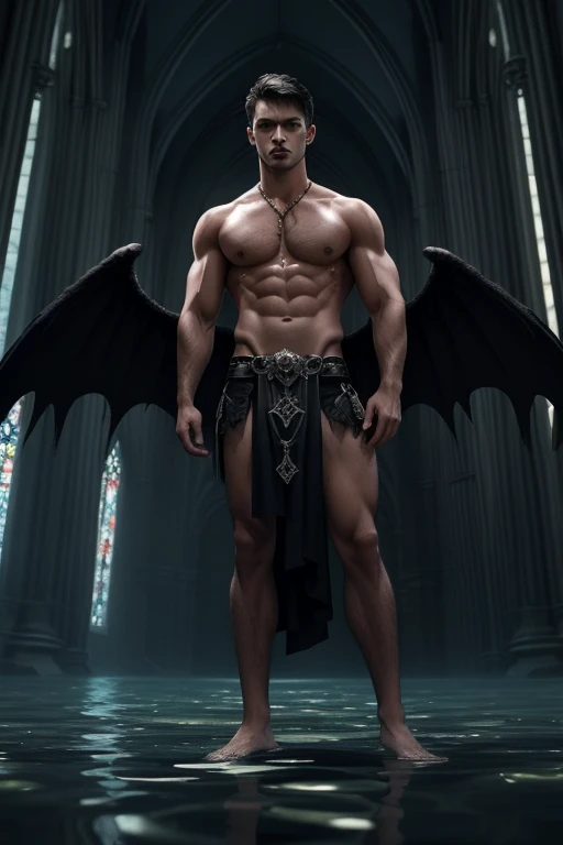 masterpiece, best quality, {Create a full-body shot dark fantasy illustration of} a shirtless, barefoot, pantless, 23-year-old male model with short dark hair who is {embodying} Devil's, the fallen angel, {who is looking at the camera and displaying his entire defined fit body, including his amazing abs, great chest, impressive arms, and great legs, while wearing a skirt-like super short black loincloth}. {He should radiate flawlessness, with a deep dark and evil presence, short messy dark hair, a strong jawline, and great deep blue eyes}. {Position him} in a vast, gothic cathedral, {with the floor submerged in black whaters}, creating an ominous and supernatural setting. {Use} a combination of digital illustration techniques to {enhance} the dark fantasy aspect, {and include} intricate details in Devil's huge massive black wings coming out of his back, the wrinkles in his loincloth and his surroundings. {The full-body shot image should evoke} a sense of awe and dread, {capturing} the Devil's power while directly looking camera, hyper detail face, hd. 8k, high deep of field.