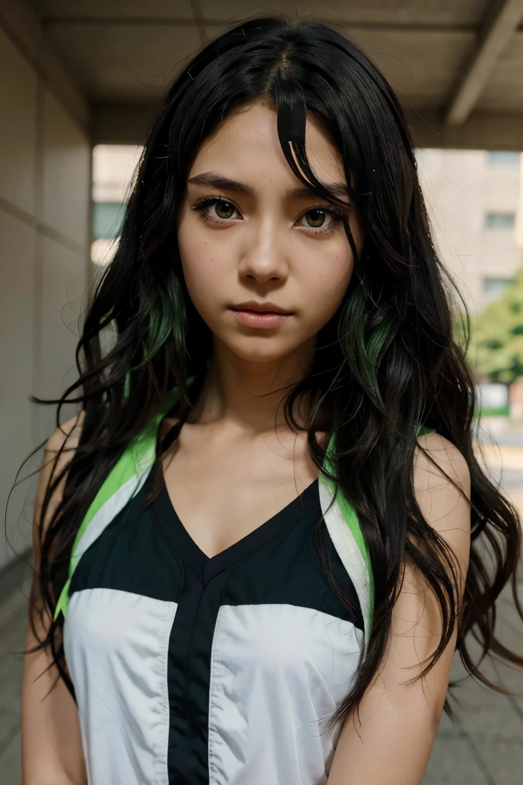 Anime girl with black skin, long wavy hair and green eyes in the style of haikyuu anime animation