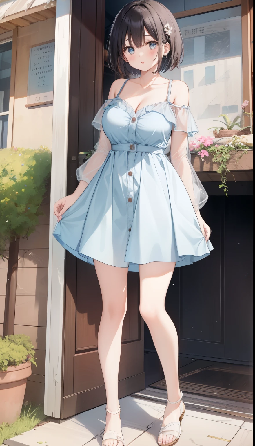 One Girl、positive、Standing posture、Full body portrait、Black Hair、Medium Haircut、blush、Absolute area、No panties、No bra、barefoot、Light blue dress、Off-the-shoulder dress、(Very large breasts)、Cleavage、((Lesbians around the world))、masterpiece、(highest quality)、、White heel sandals、Shirt buttons fly off、Unbutton your shirt、Exposing the breasts、
