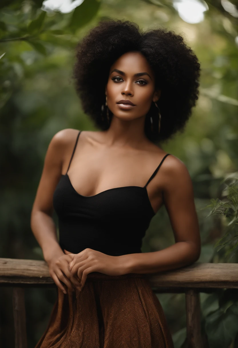 Black woman with wavy hair, yeux en amandes et long cils. Taille fine avec des hanches larges et une forte poitrine, charismatique et sensuelle