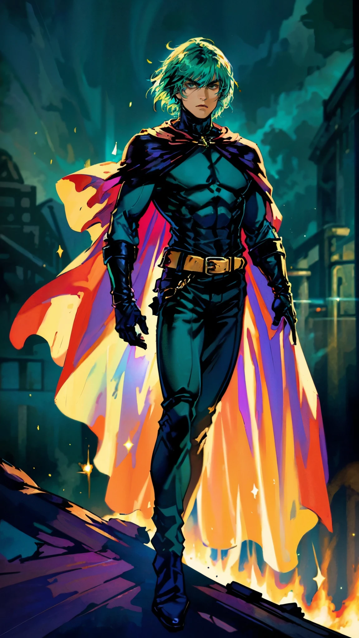 A young man with Greenish-blue spiky short hair, middle part bangs, a disdainful look, slender eyebrows, delicate features, a robust physique, a fantasy-style purple and white tight outfit, a black collar connected to a dark blue cape, a white belt attached to a red and white hem, sky-blue trousers, green flowing light surrounding him, standing on a long street at night, side view, this character embodies a finely crafted fantasy-style warrior in anime style, exquisite and mature manga art style, dramatic, high definition, best quality, highres, ultra-detailed, ultra-fine painting, extremely delicate, professional, perfect body proportions, golden ratio, anatomically correct, symmetrical face, extremely detailed eyes and face, high quality eyes, creativity, RAW photo, UHD, 32k, Natural light, cinematic lighting, masterpiece-anatomy-perfect, masterpiece:1.5