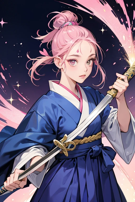 SHE has pink skin, a small yellow beak, and beady eyes. SHe wears a blue hakama and carries a sword with hER. SHe has dark hair that She wears in a topknot hairstyle, and has a tuft of pink hair on hER forehead. SPARKLE; GLITTER